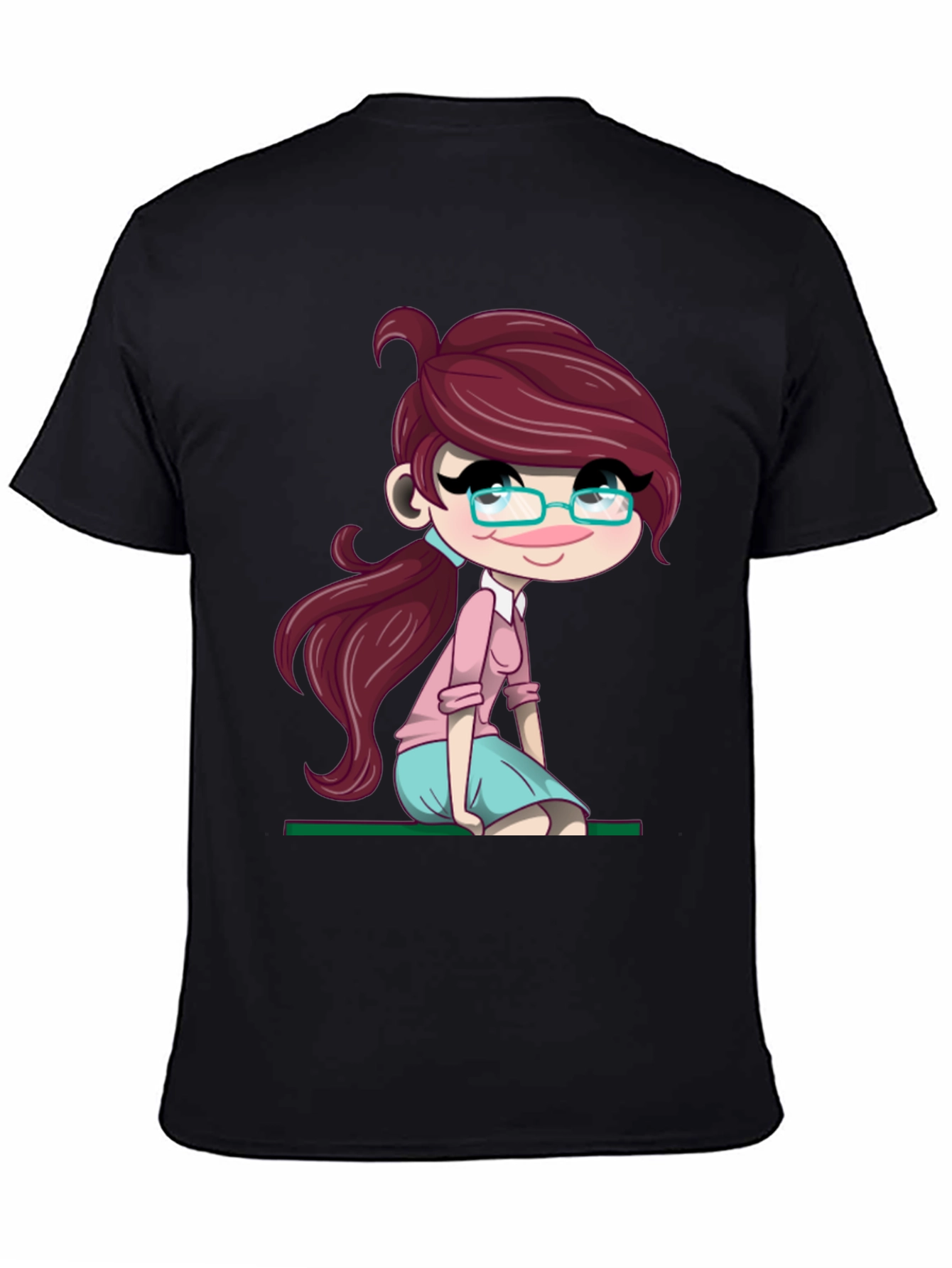 Cartoon Girl Graphic Tee - Soft Black T-Shirt