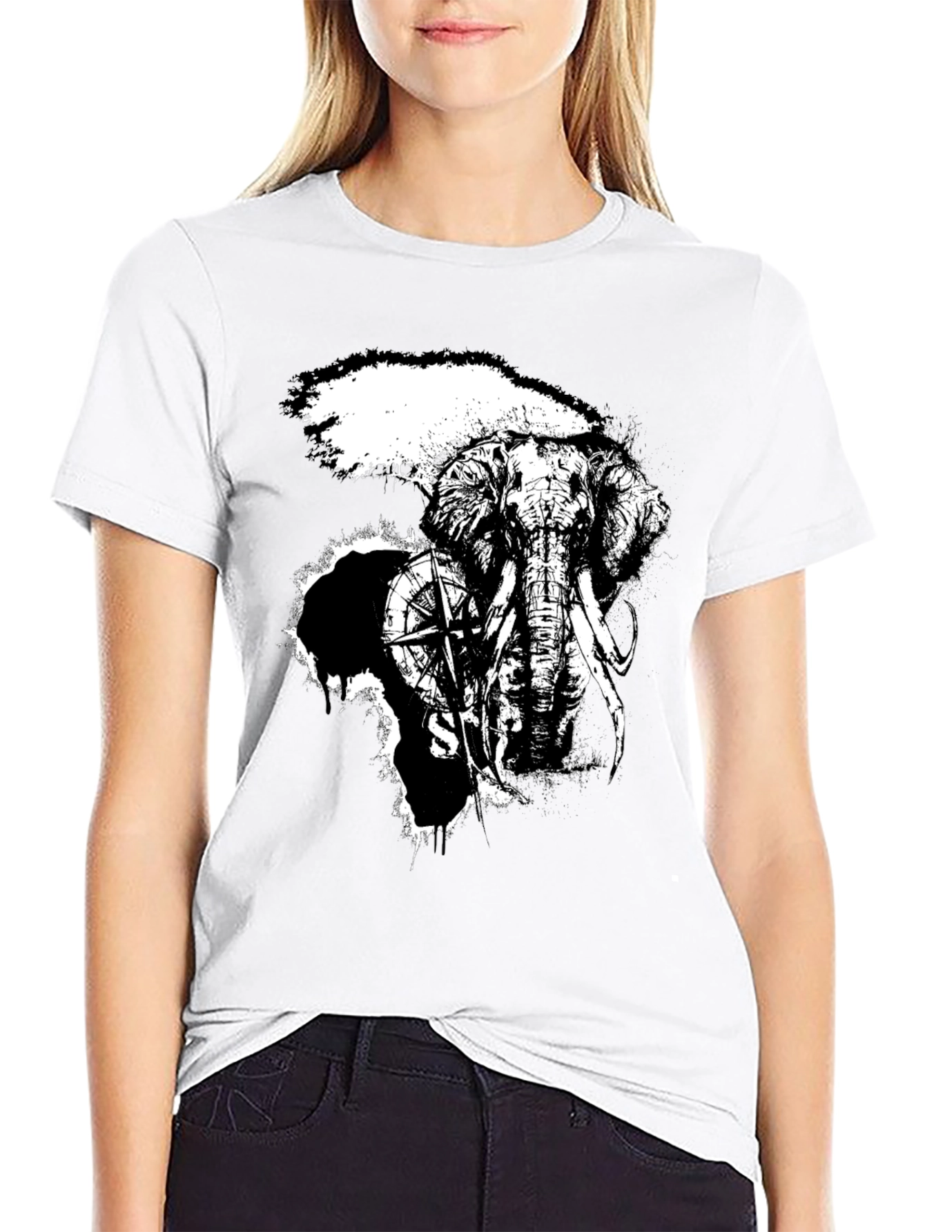 Elephant Compass Graphic Black T-Shirt