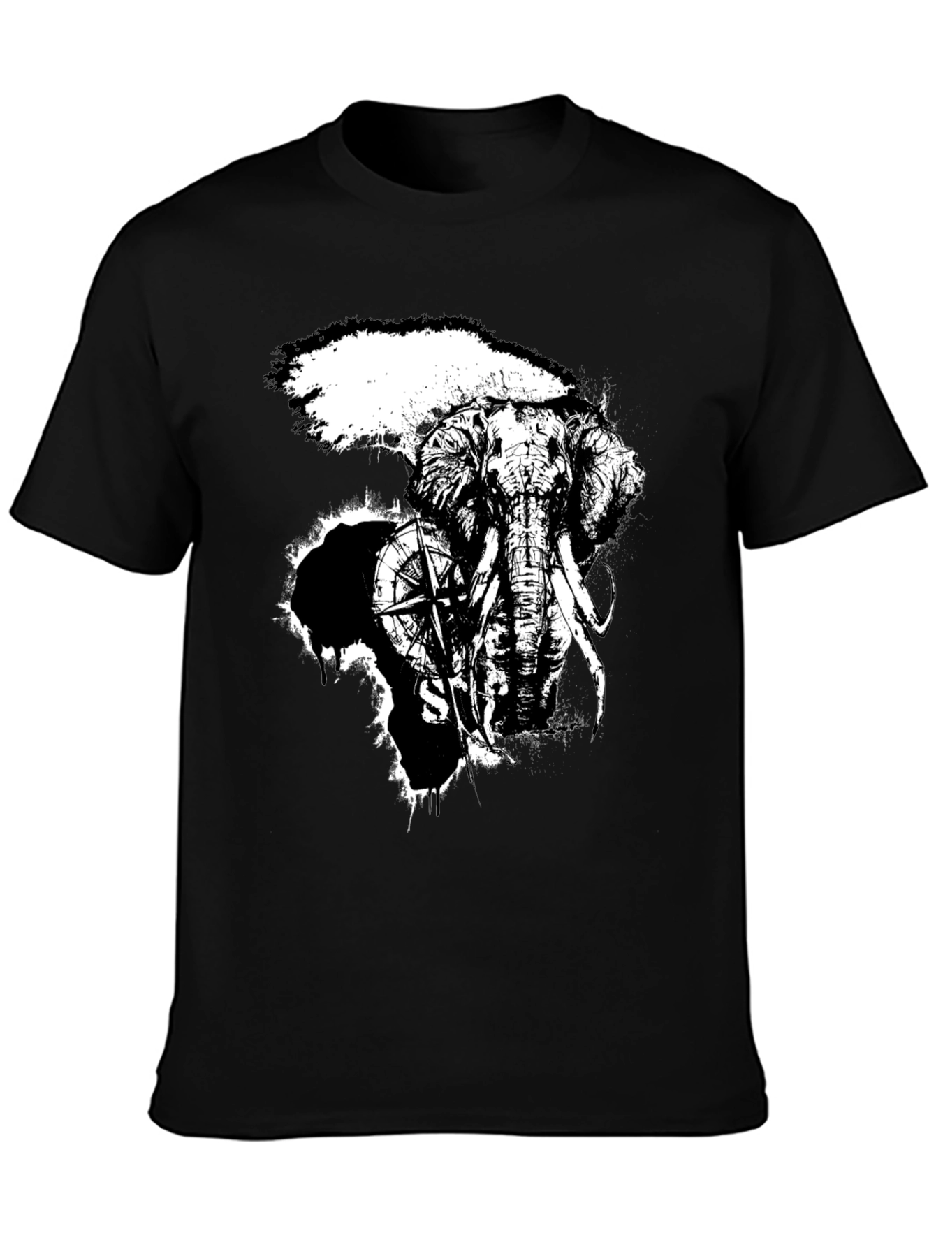 Elephant Compass Graphic Black T-Shirt