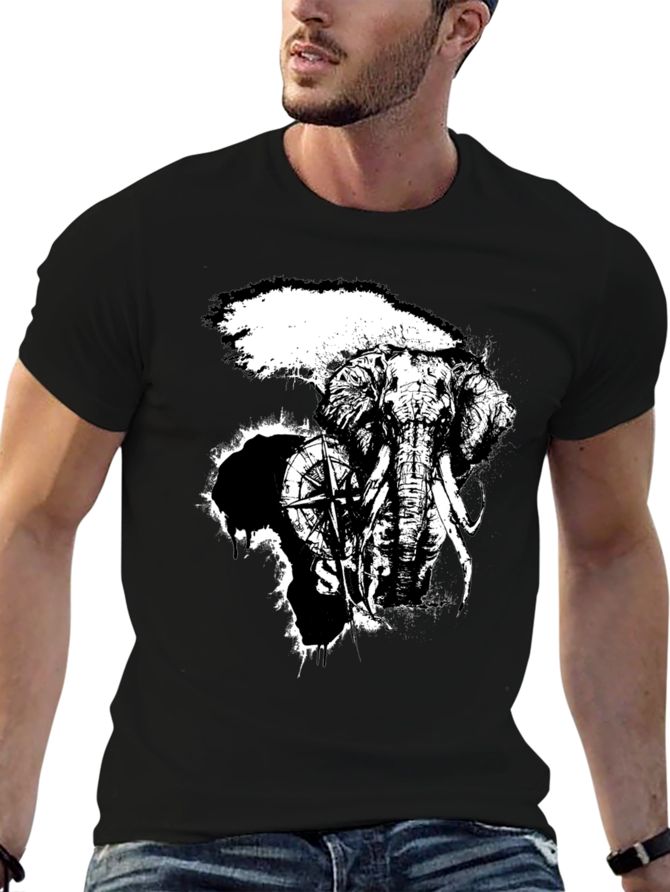 Elephant Compass Graphic Black T-Shirt