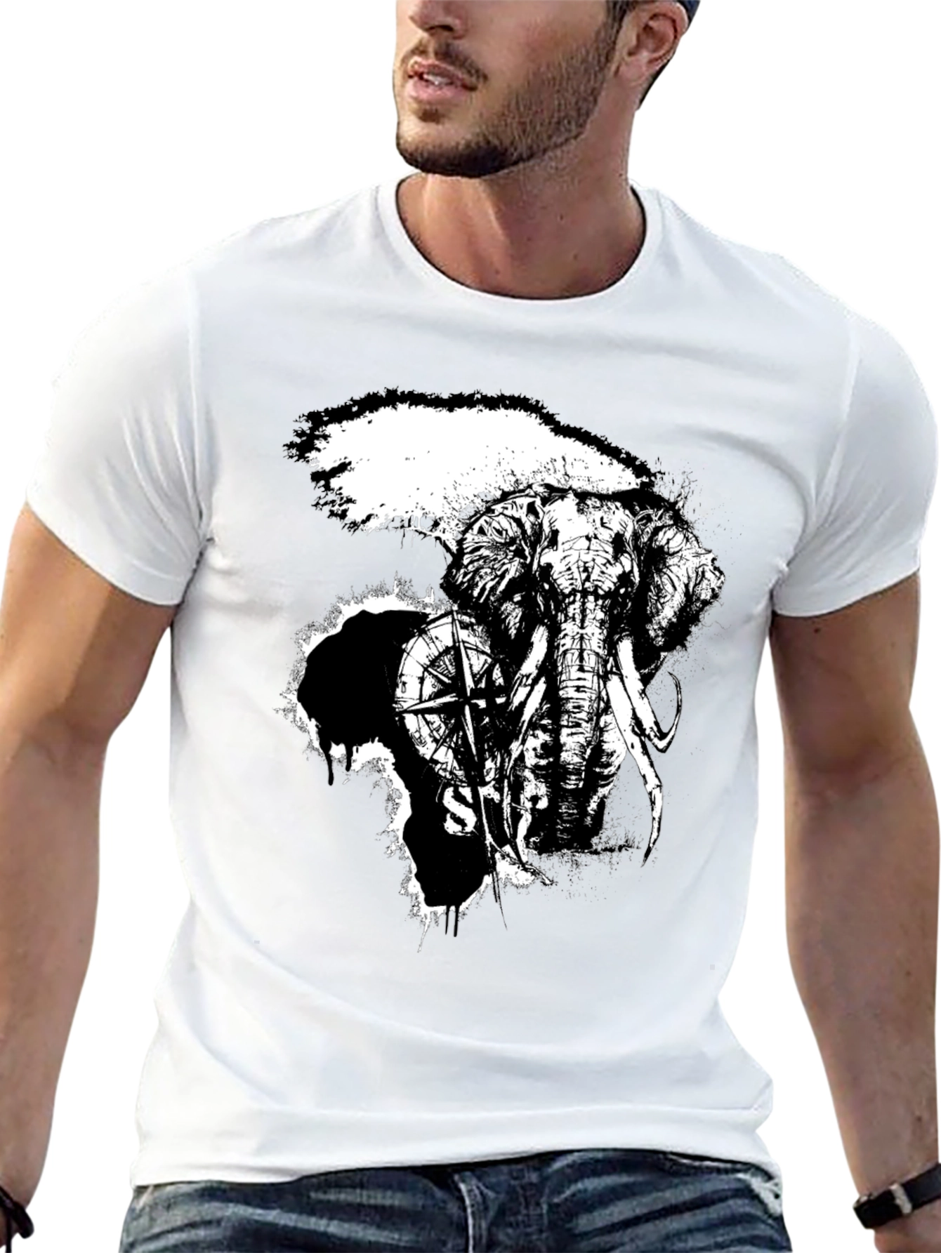 Elephant Compass Graphic Black T-Shirt