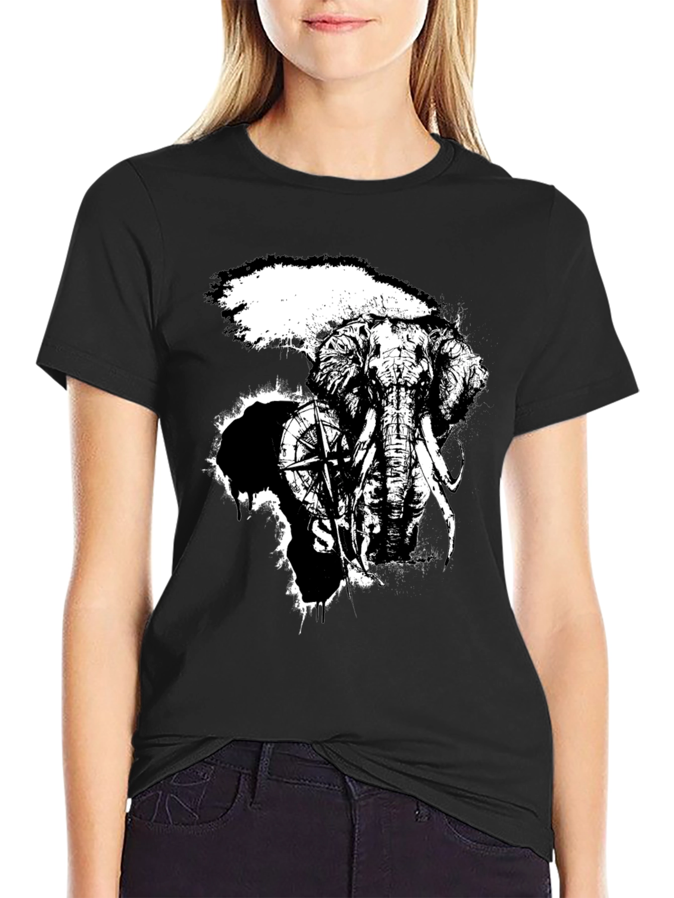 Elephant Compass Graphic Black T-Shirt
