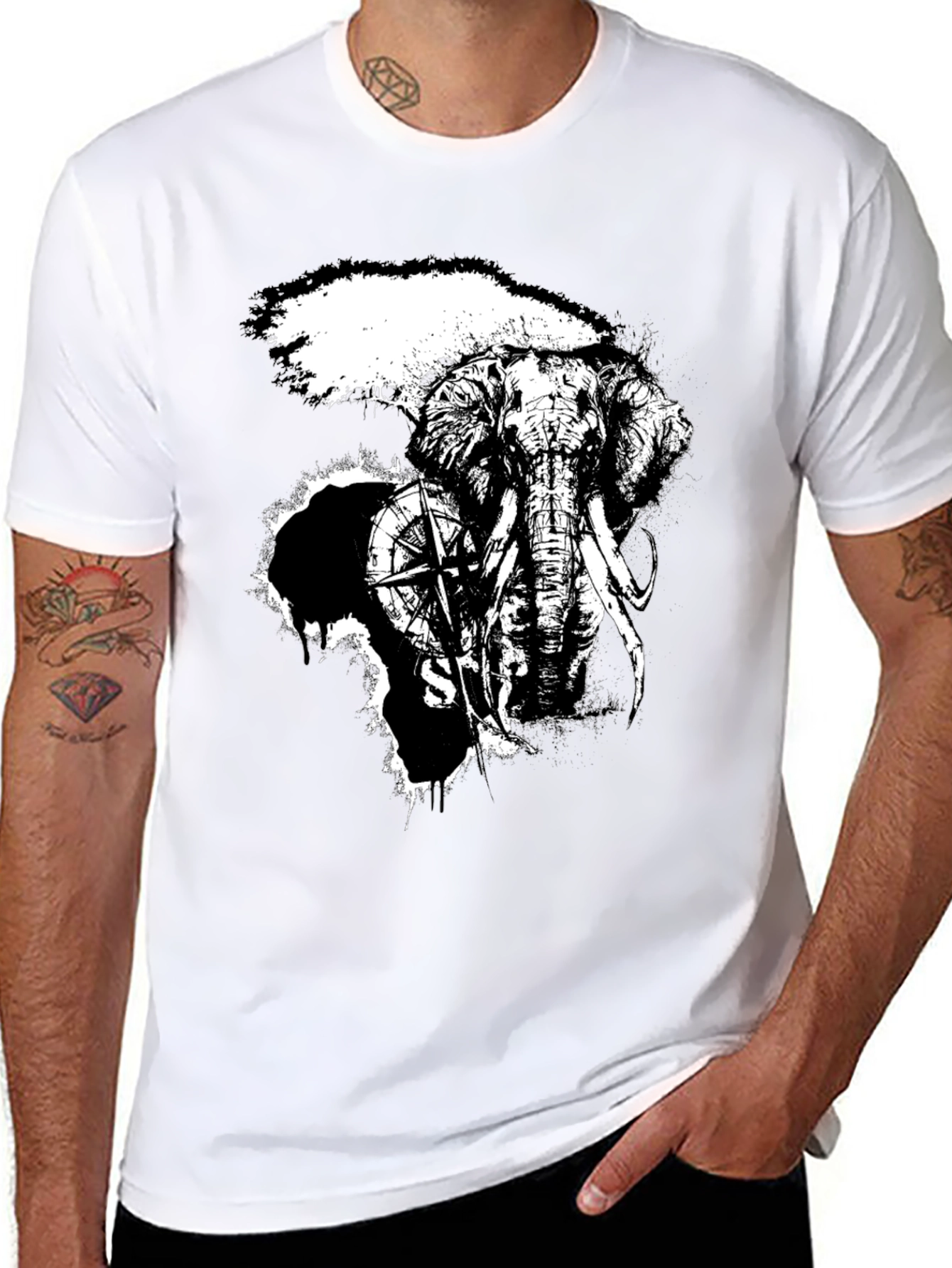 Elephant Compass Graphic Black T-Shirt