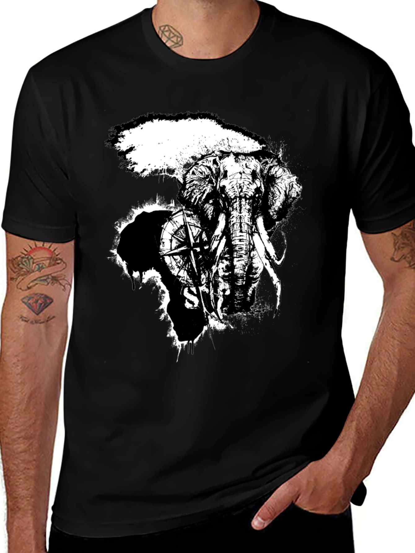 Elephant Compass Graphic Black T-Shirt