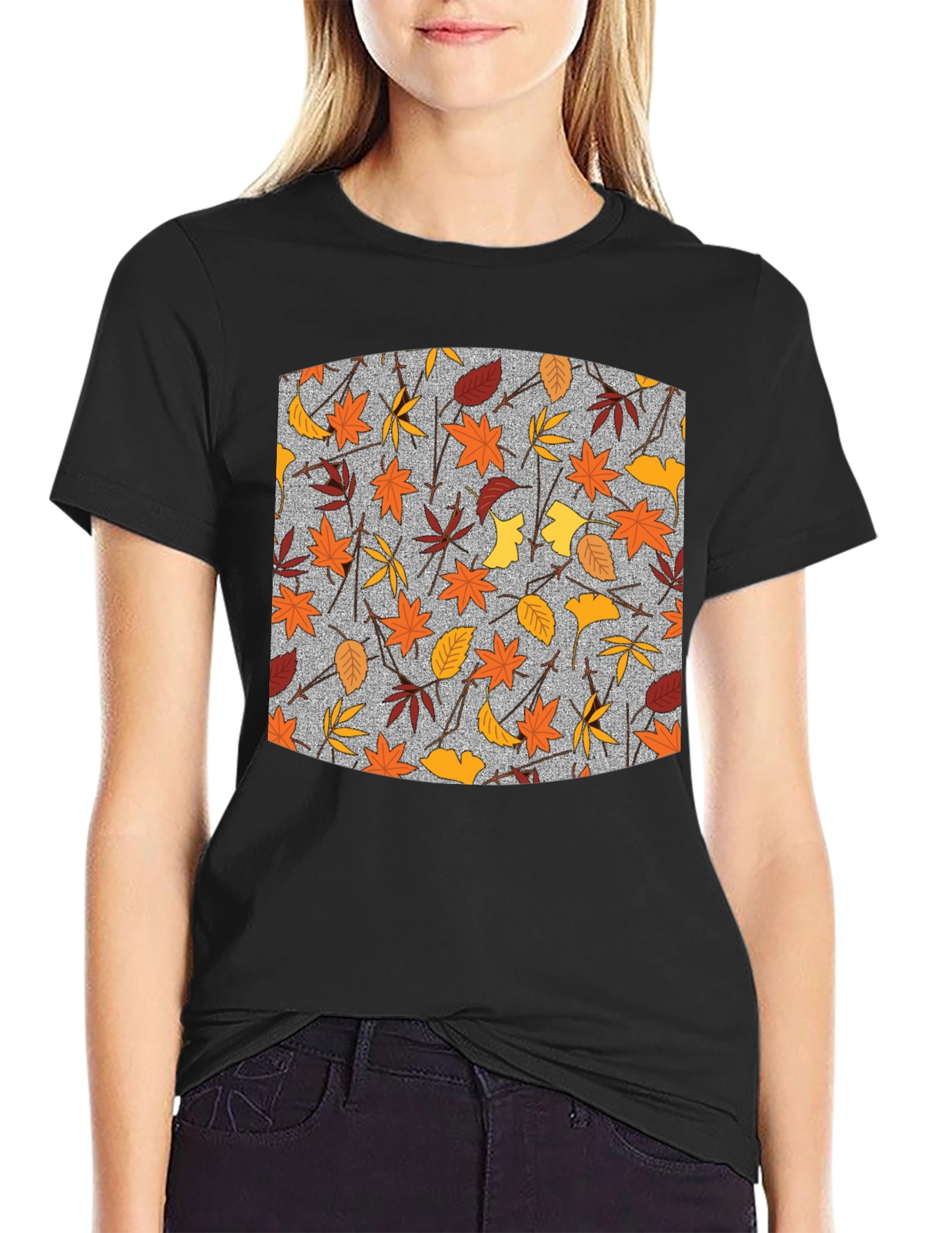 Autumn Leaf Pattern Black T-Shirt
