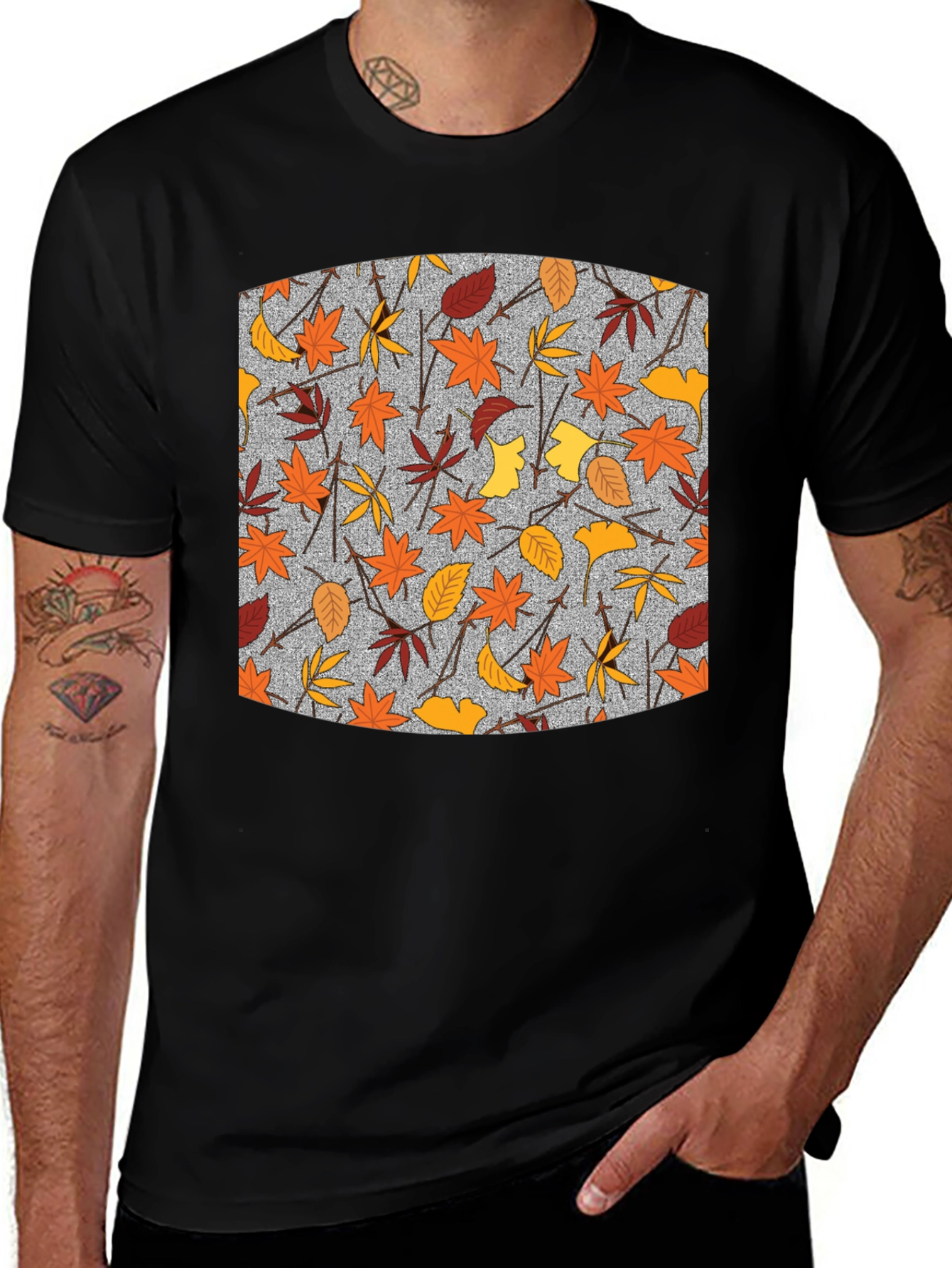 Autumn Leaf Pattern Black T-Shirt