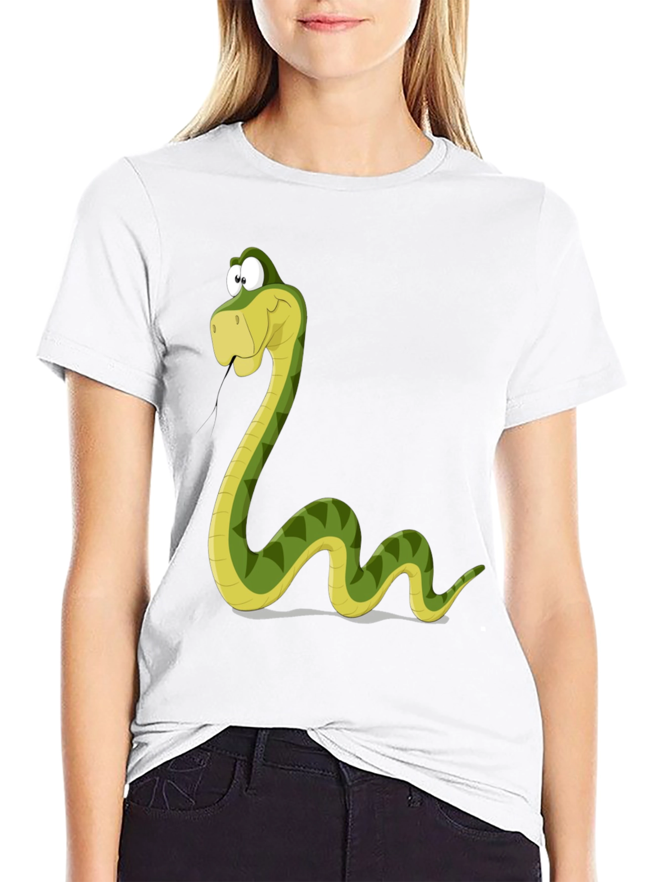 Cartoon Snake Graphic Tee - Black Cotton T-Shirt