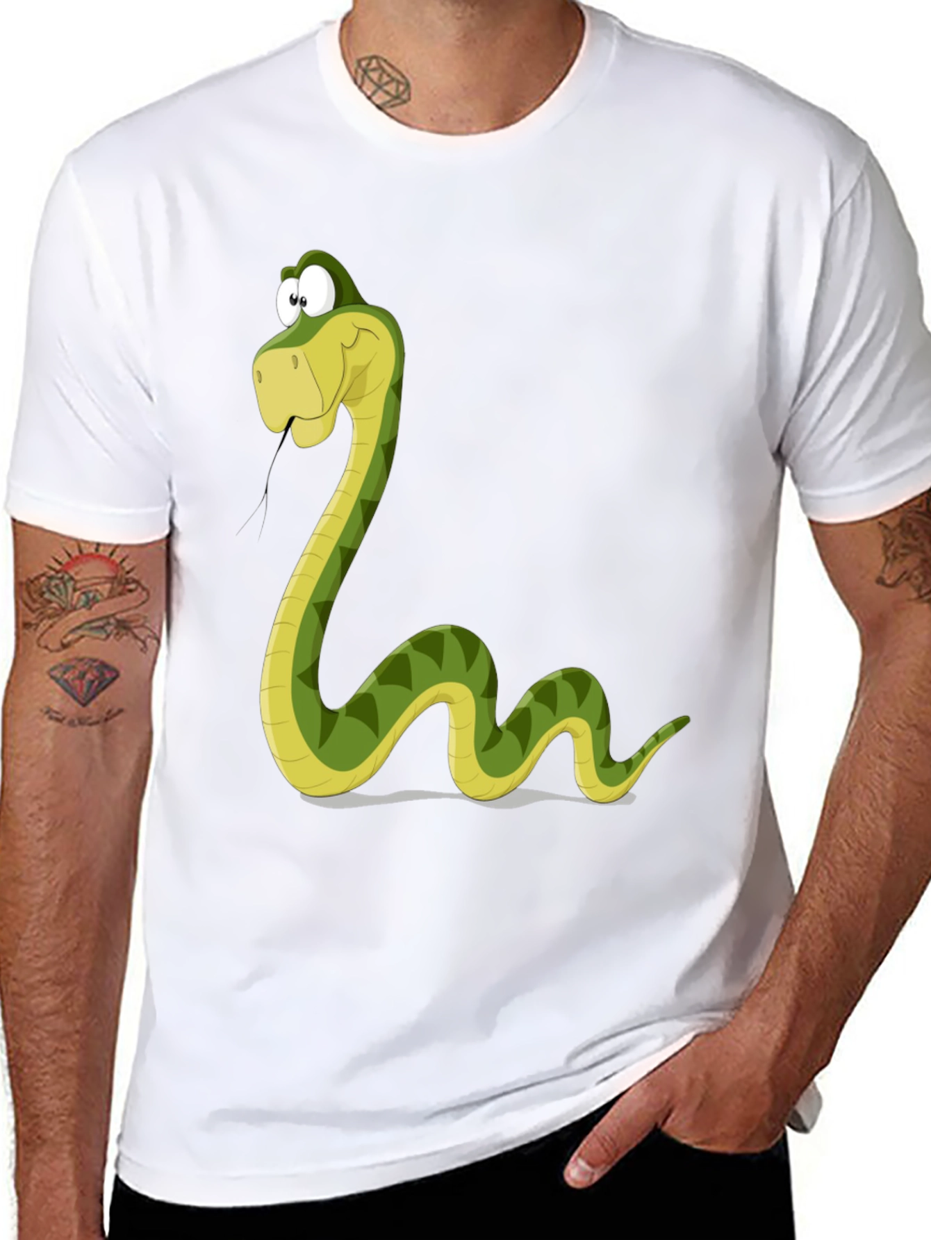 Cartoon Snake Graphic Tee - Black Cotton T-Shirt