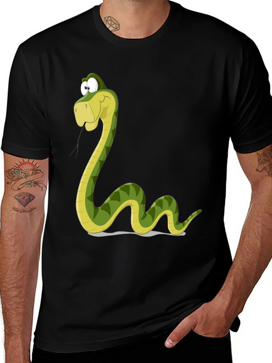 Cartoon Snake Graphic Tee - Black Cotton T-Shirt