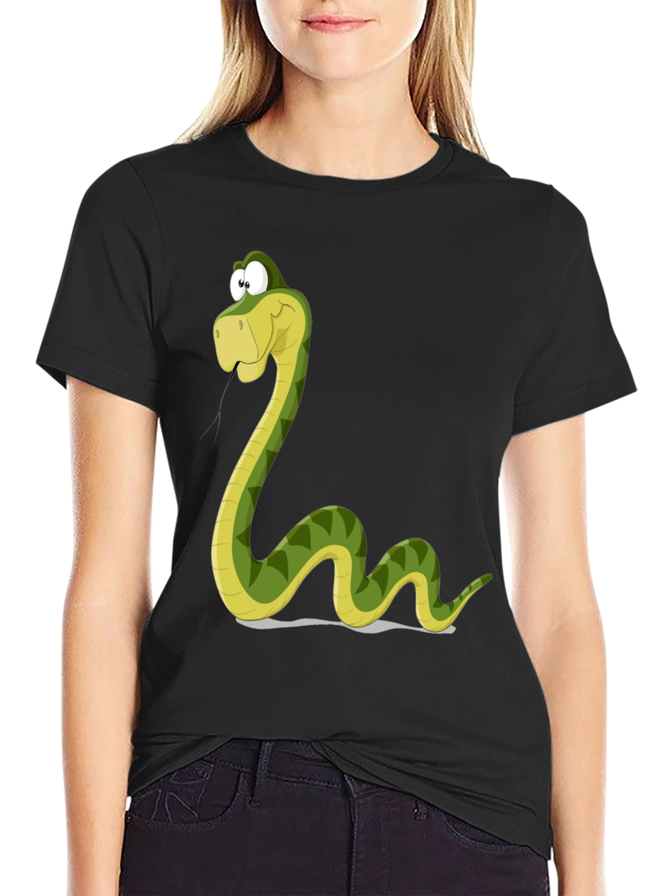 Cartoon Snake Graphic Tee - Black Cotton T-Shirt