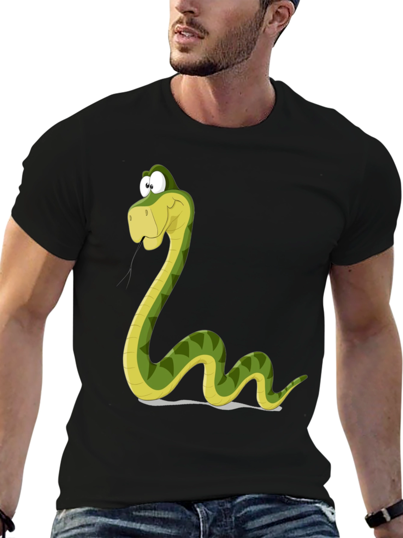 Cartoon Snake Graphic Tee - Black Cotton T-Shirt