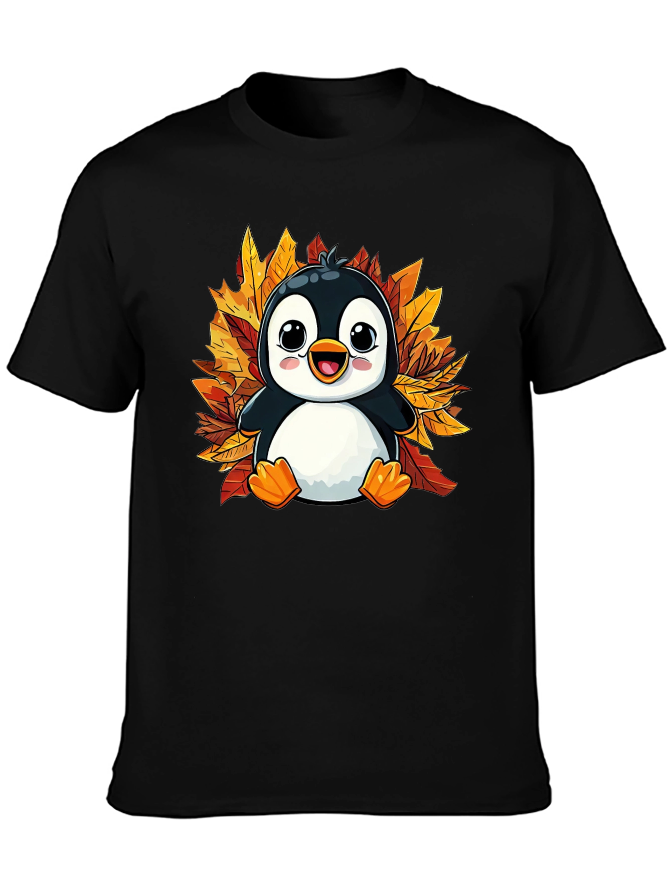 Cute Penguin Fall Leaves T-Shirt - Black