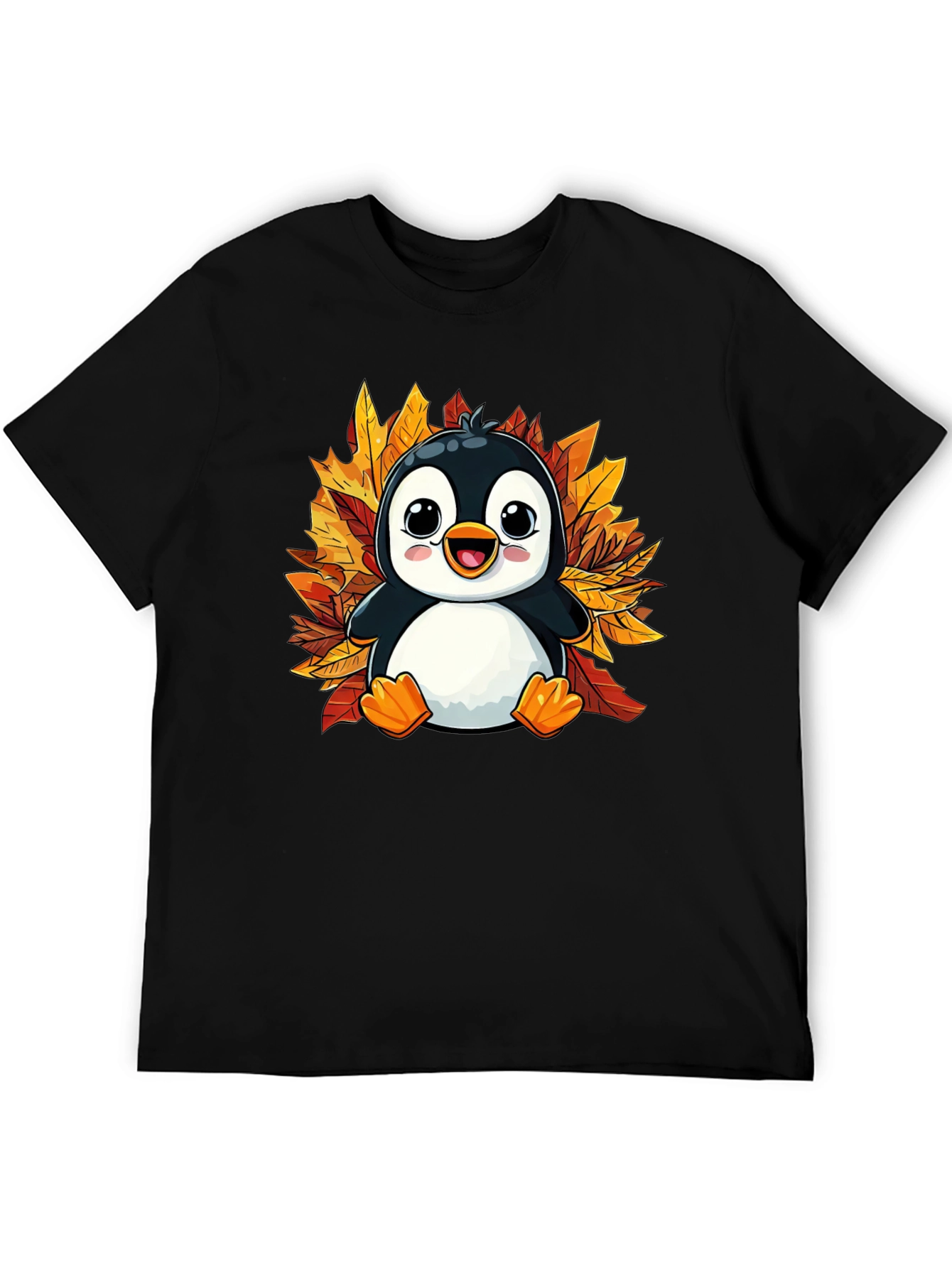 Cute Penguin Fall Leaves T-Shirt - Black