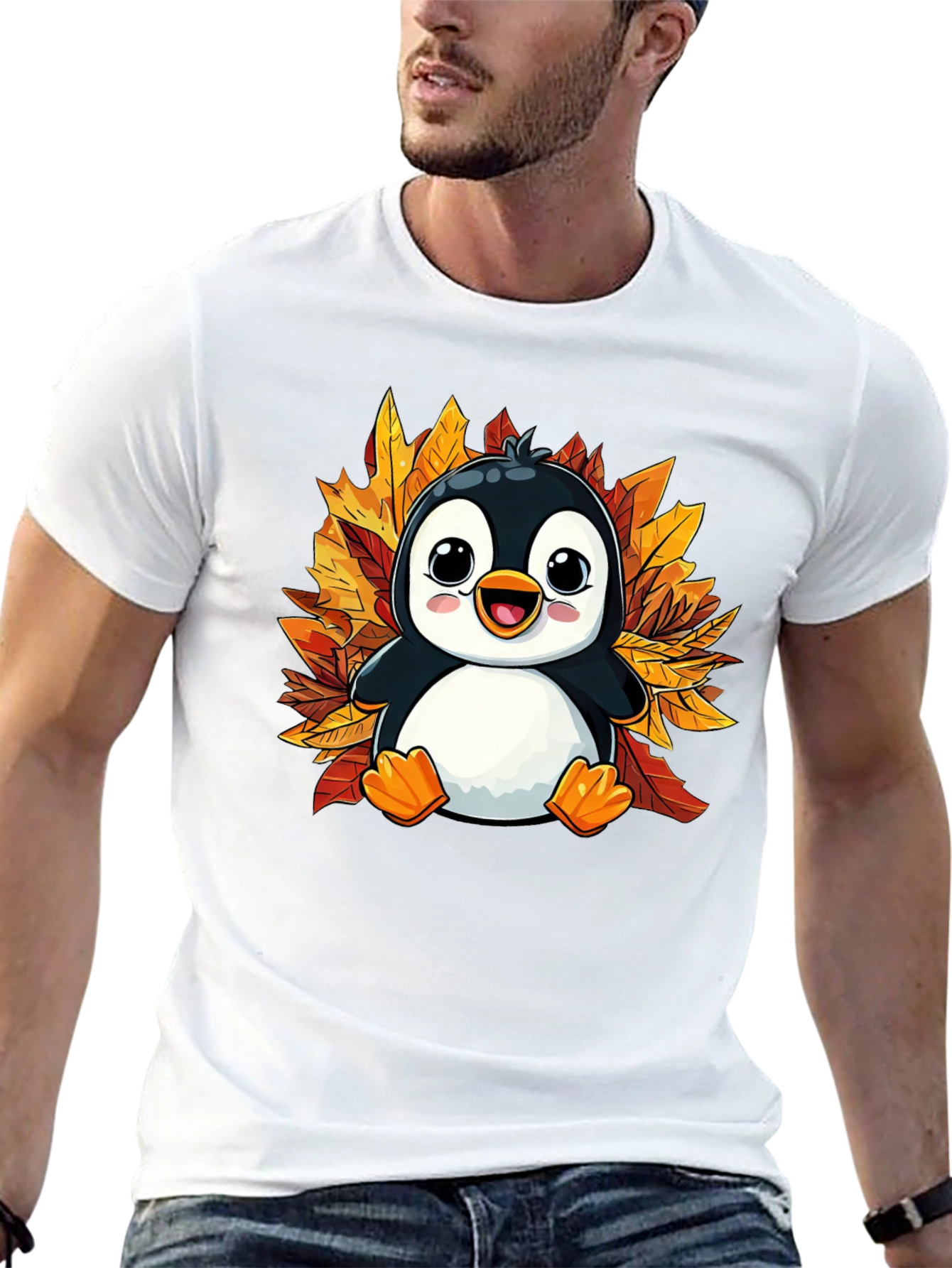 Cute Penguin Fall Leaves T-Shirt - Black