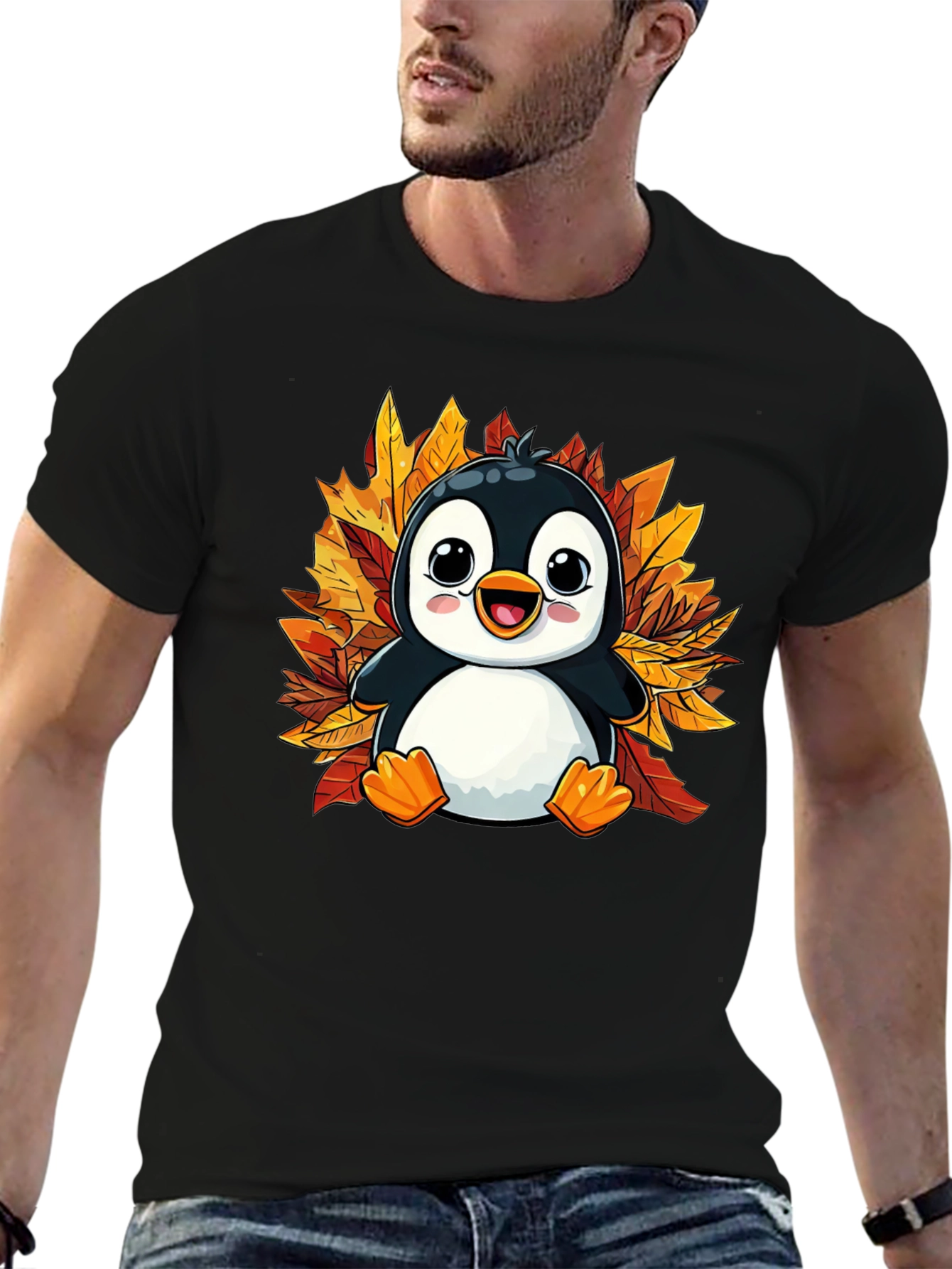 Cute Penguin Fall Leaves T-Shirt - Black
