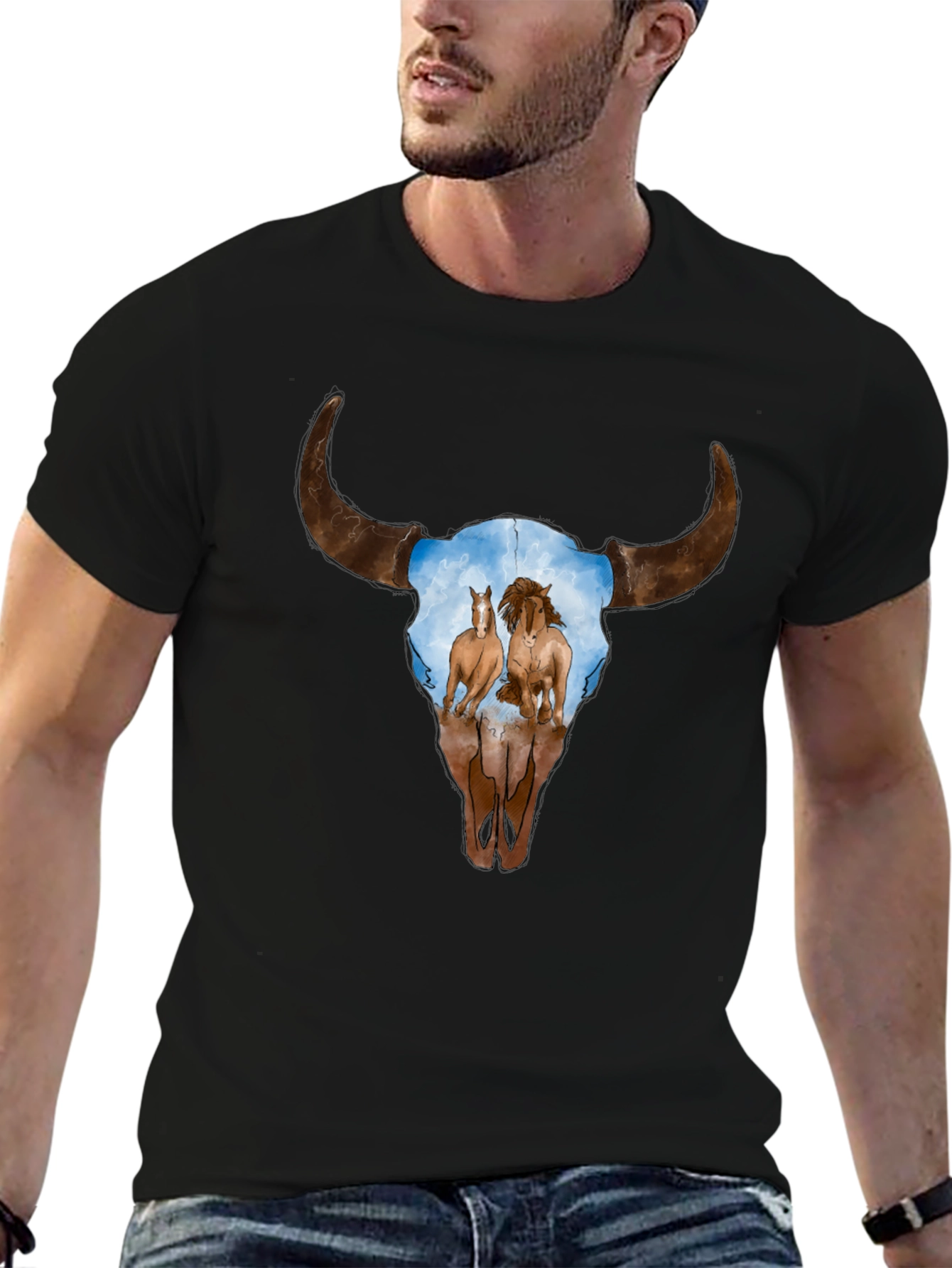 Cow Skull and Horses Graphic T-Shirt