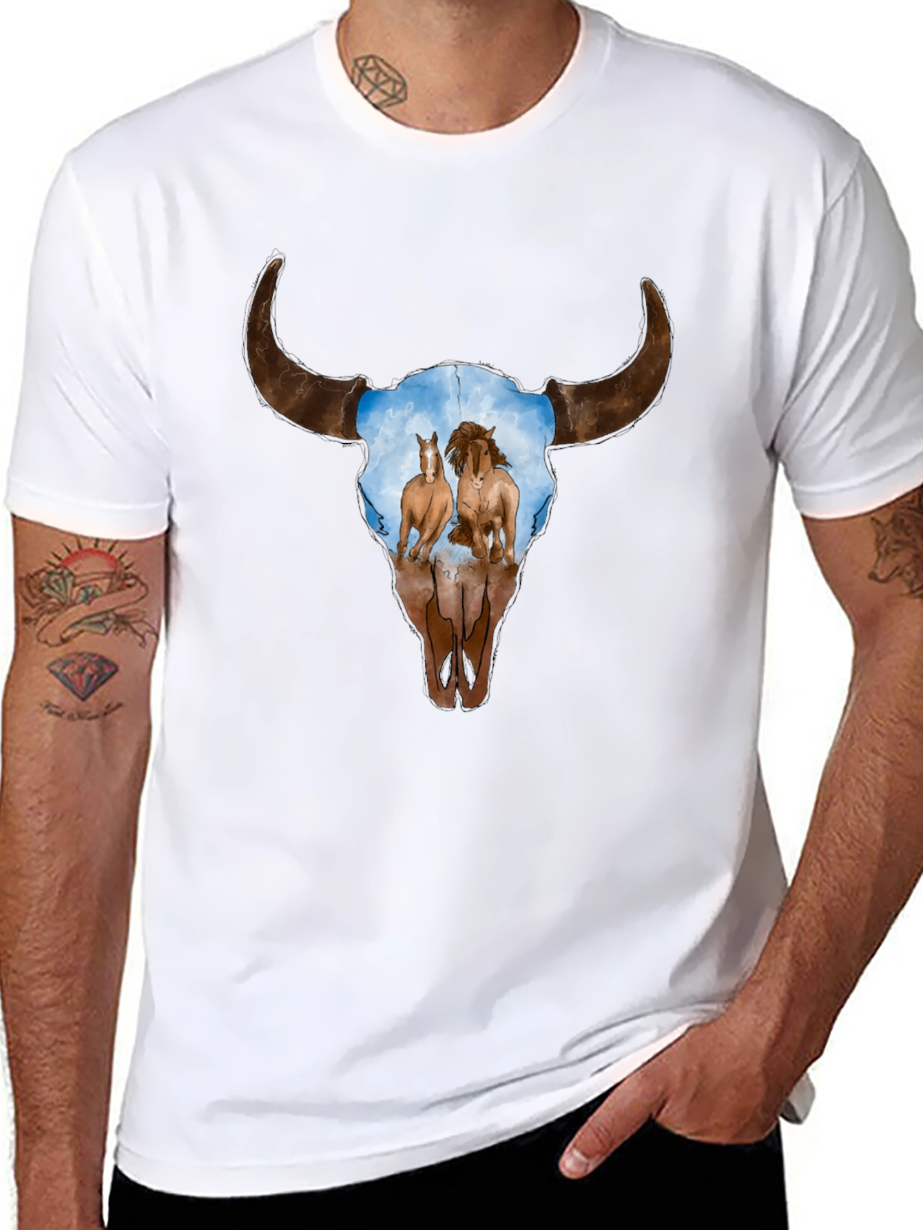 Cow Skull and Horses Graphic T-Shirt