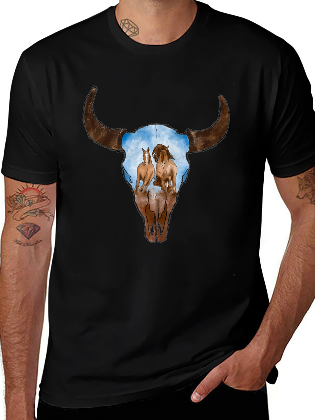Cow Skull and Horses Graphic T-Shirt