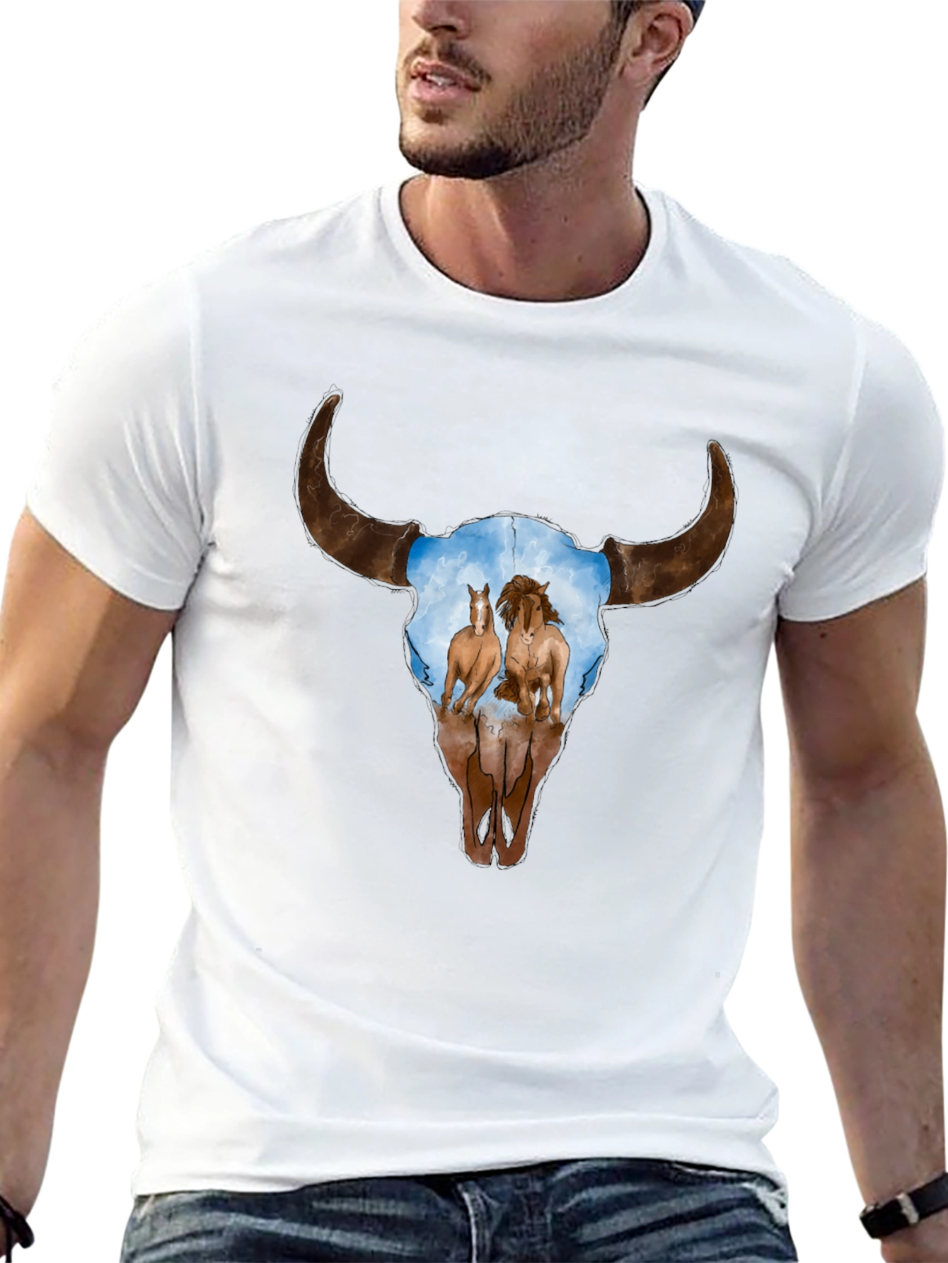 Cow Skull and Horses Graphic T-Shirt