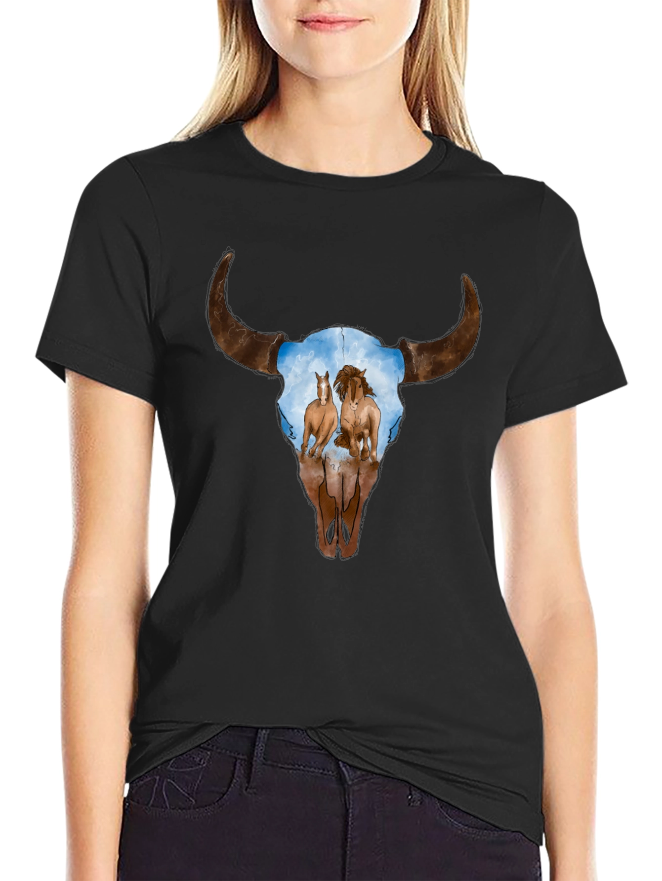 Cow Skull and Horses Graphic T-Shirt