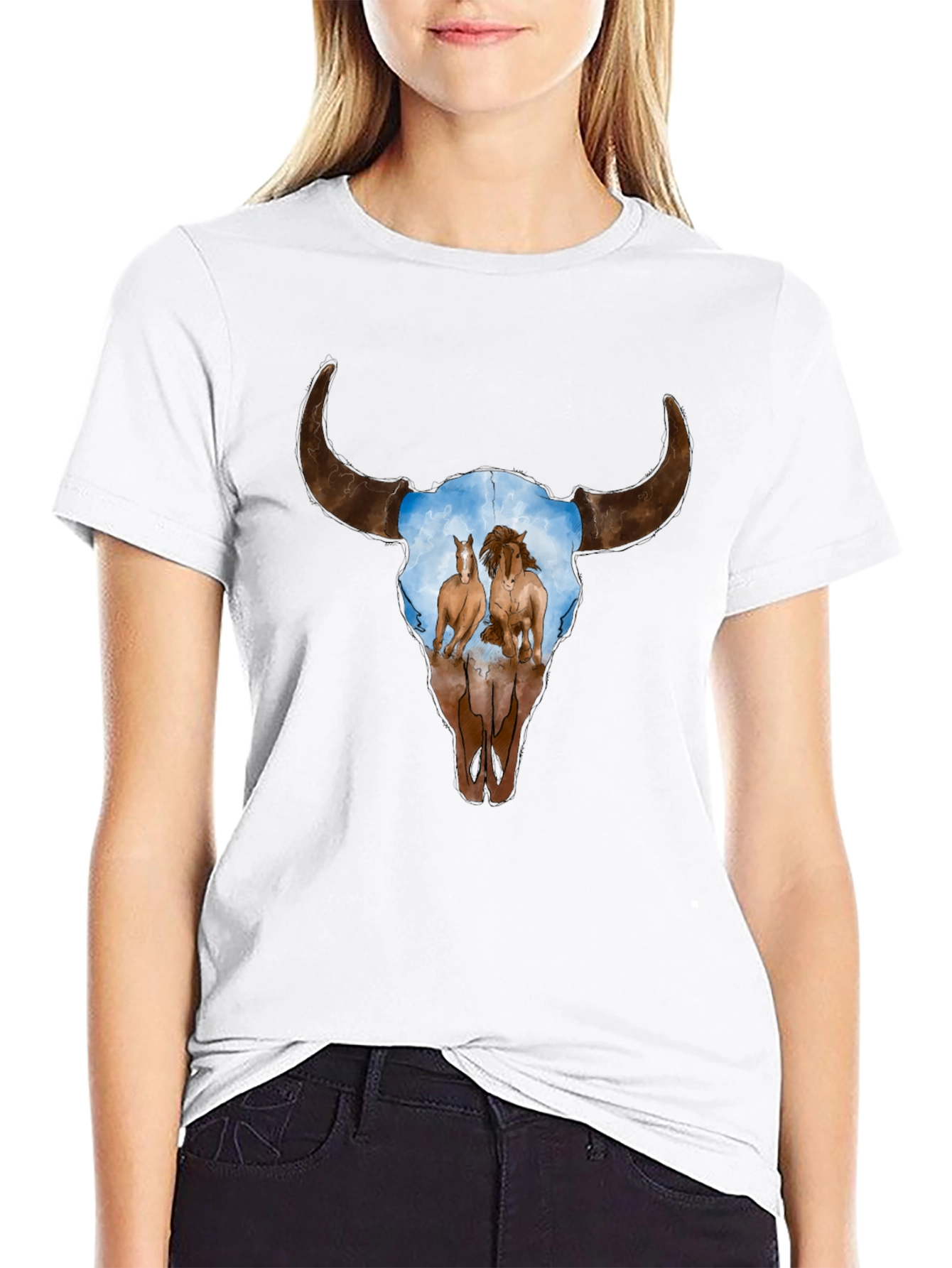 Cow Skull and Horses Graphic T-Shirt
