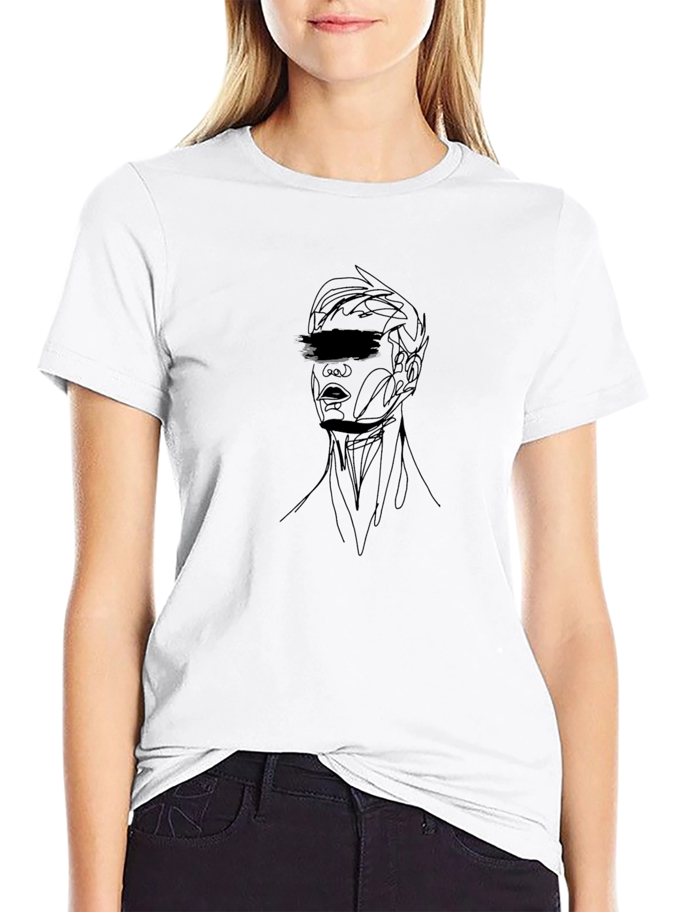 Abstract Face Line Art Black T-Shirt
