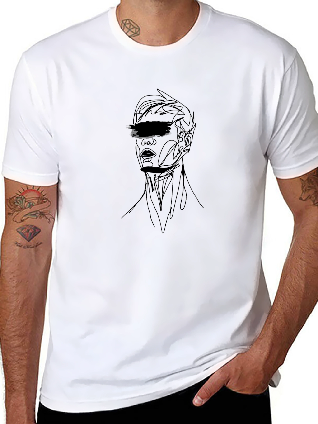 Abstract Face Line Art Black T-Shirt