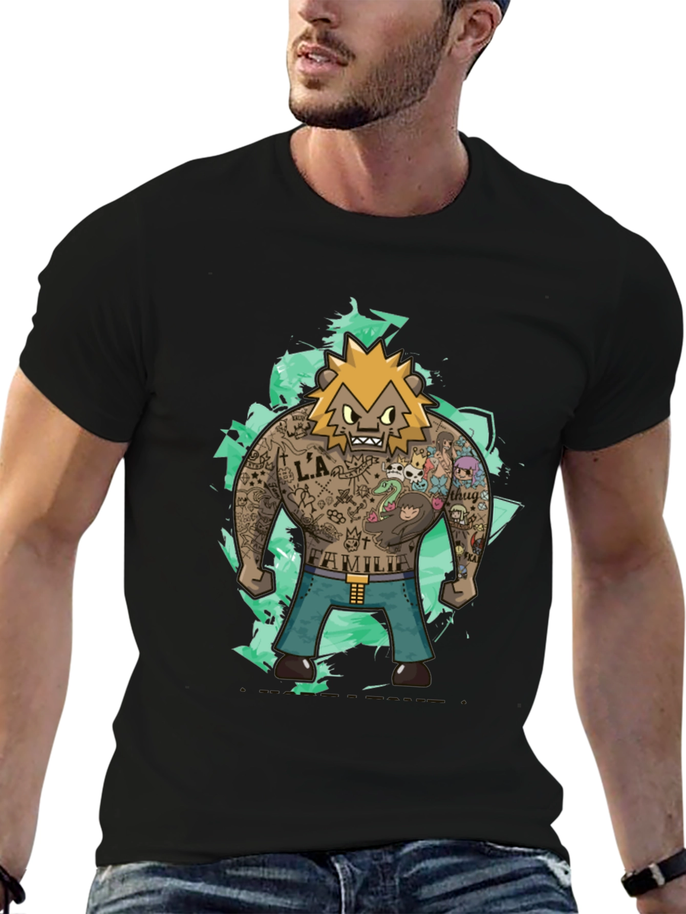 Cartoon Tattoo Bear Graphic Tee - Trendy Style
