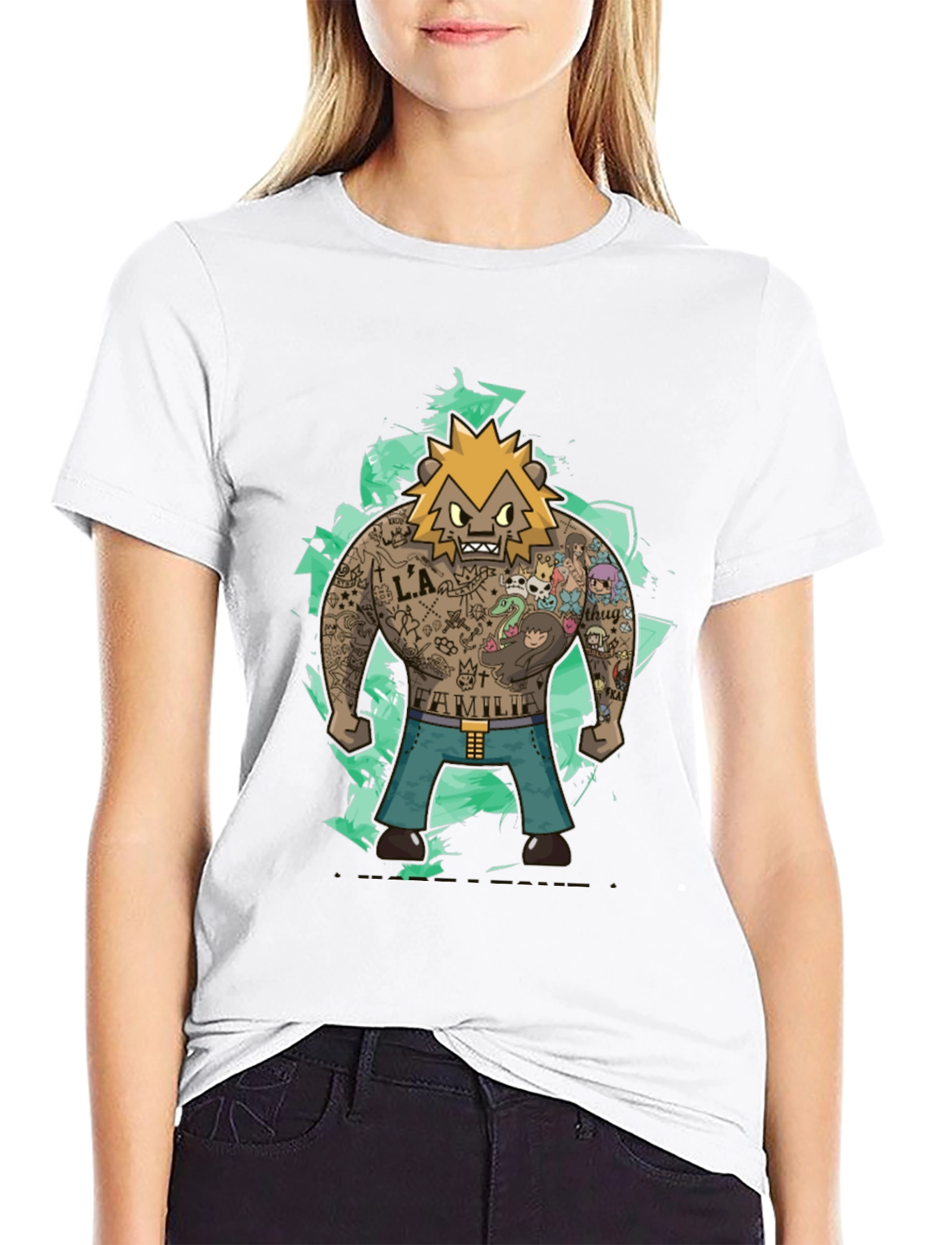 Cartoon Tattoo Bear Graphic Tee - Trendy Style