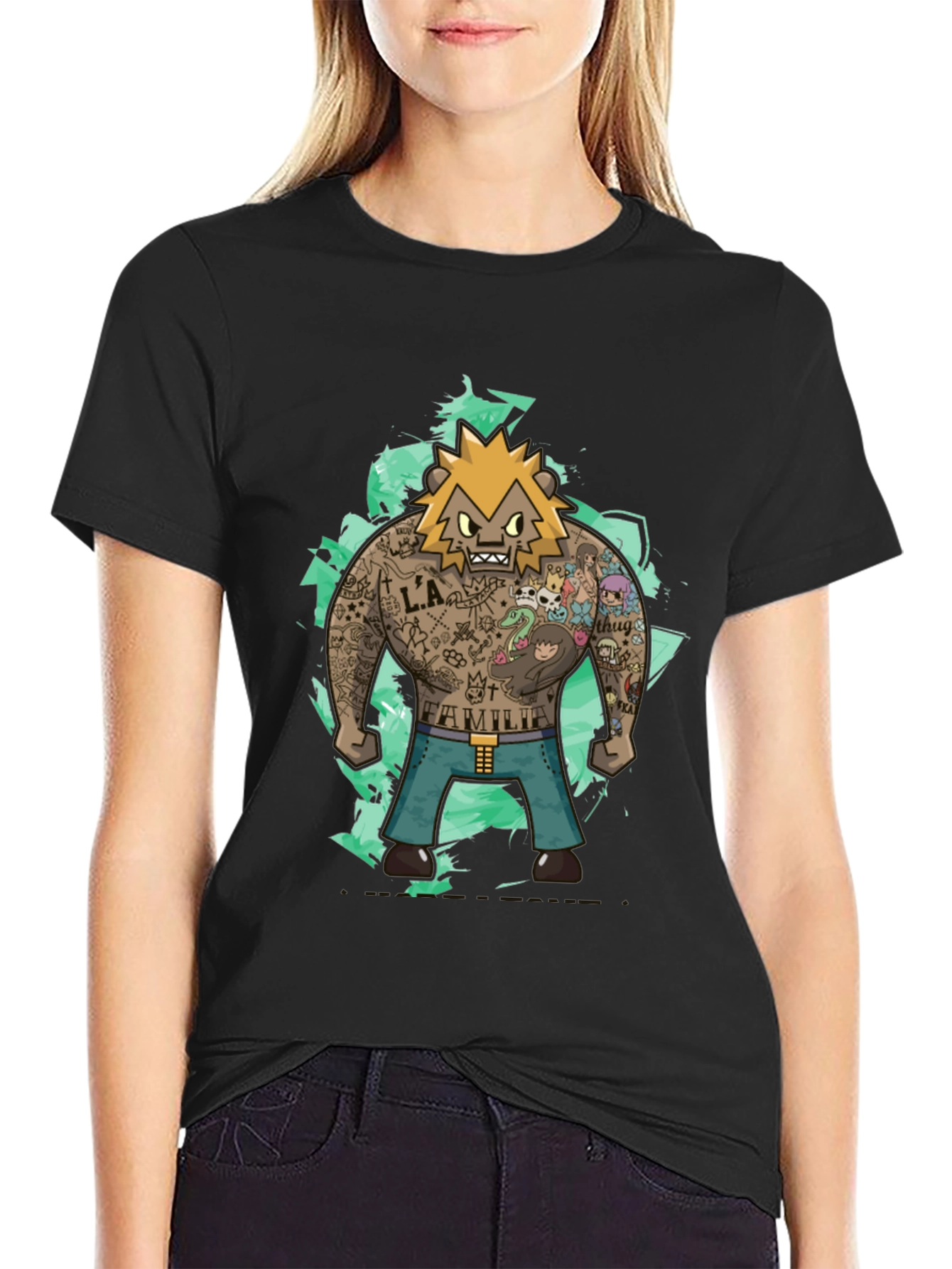 Cartoon Tattoo Bear Graphic Tee - Trendy Style