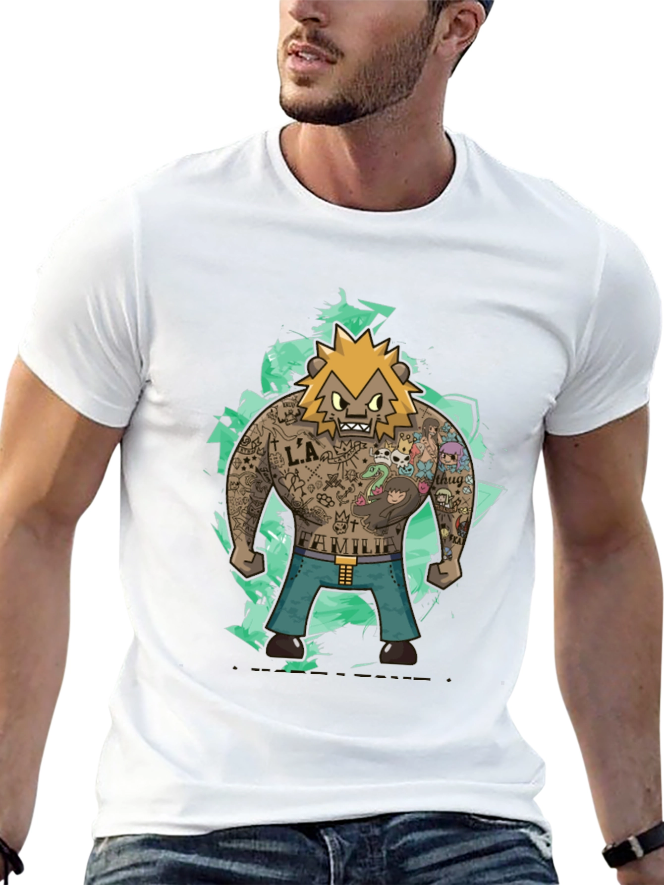 Cartoon Tattoo Bear Graphic Tee - Trendy Style