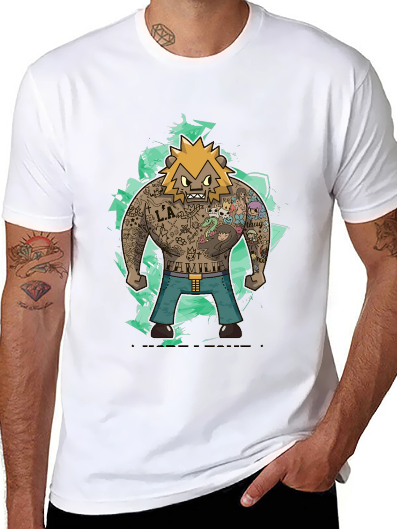 Cartoon Tattoo Bear Graphic Tee - Trendy Style