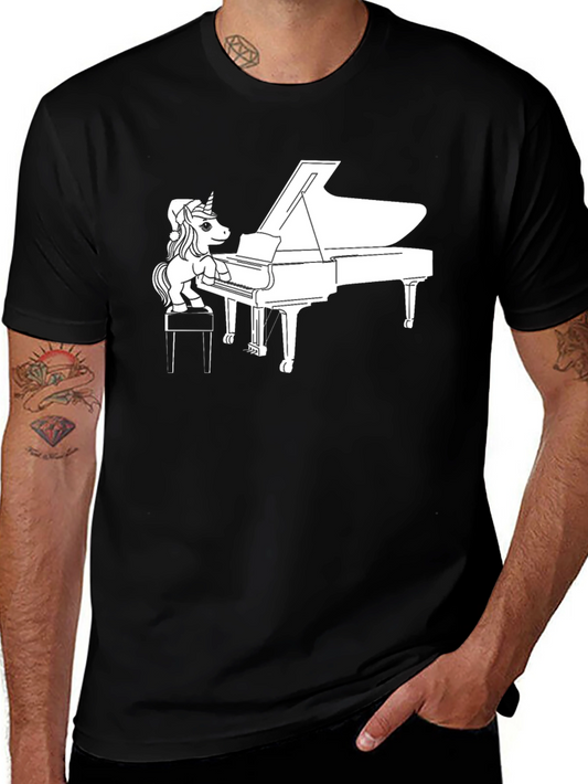 Unicorn Piano Player Graphic Tee - Black Cotton Blend