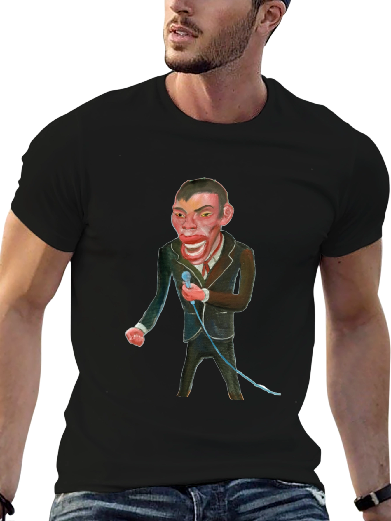 Black T-Shirt with Man Singing Graphic