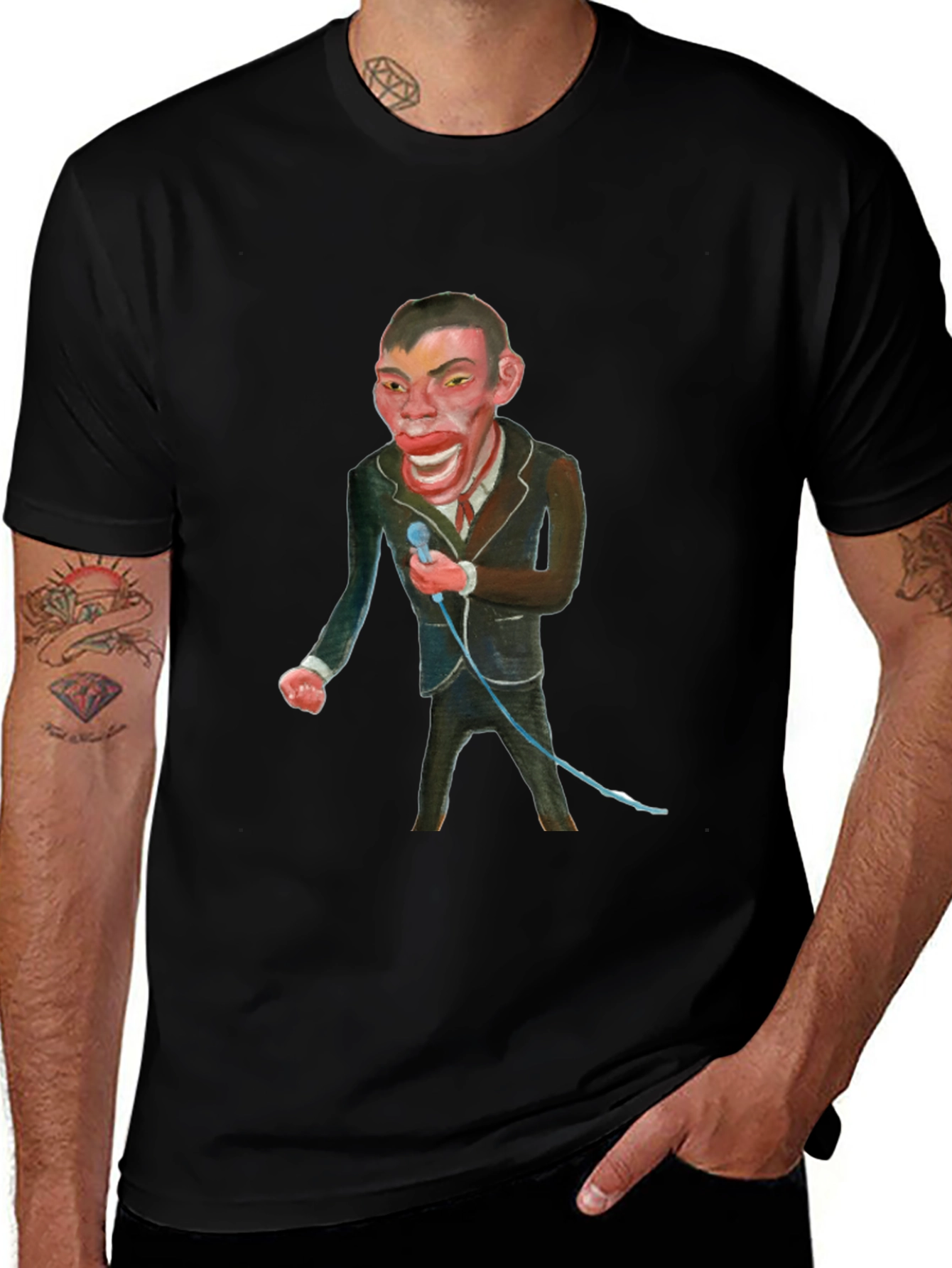 Black T-Shirt with Man Singing Graphic