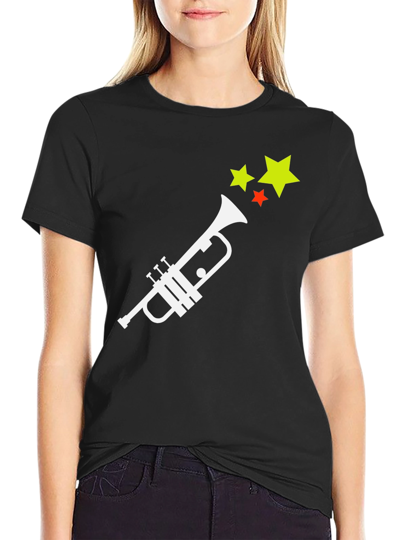 Trumpet and Stars Graphic Tee - Black Cotton