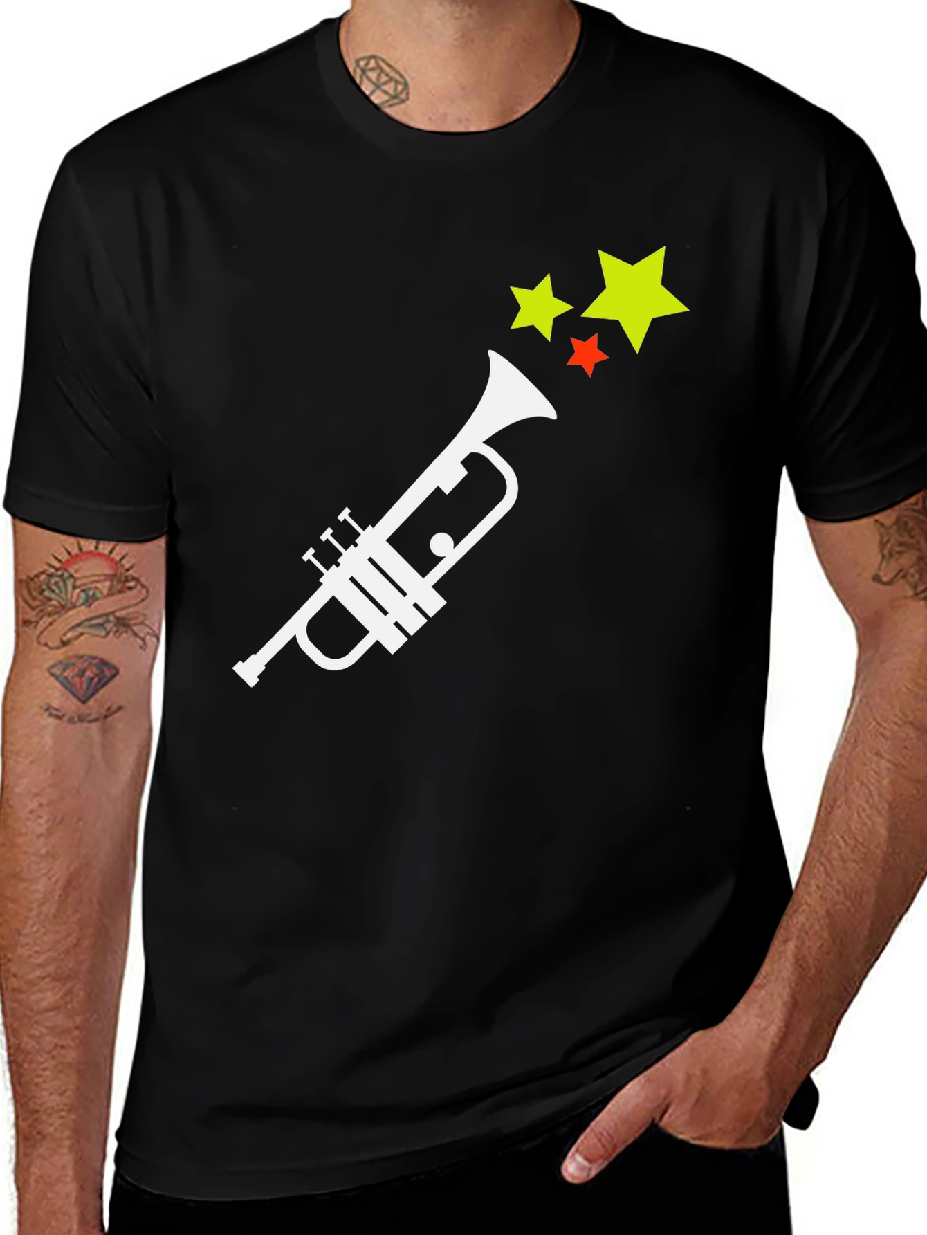 Trumpet and Stars Graphic Tee - Black Cotton
