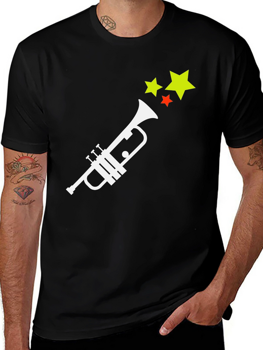Trumpet and Stars Graphic Tee - Black Cotton