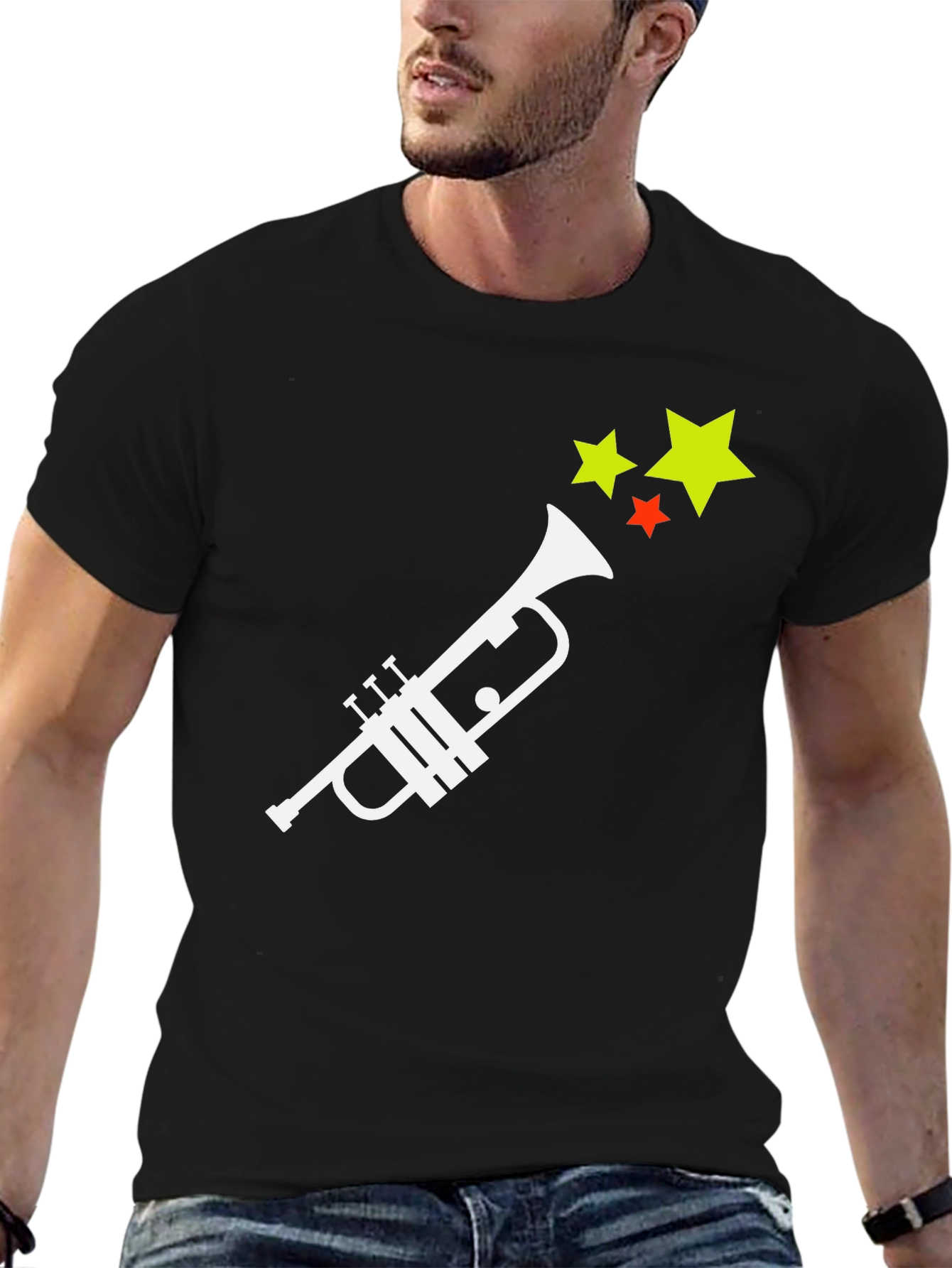 Trumpet and Stars Graphic Tee - Black Cotton