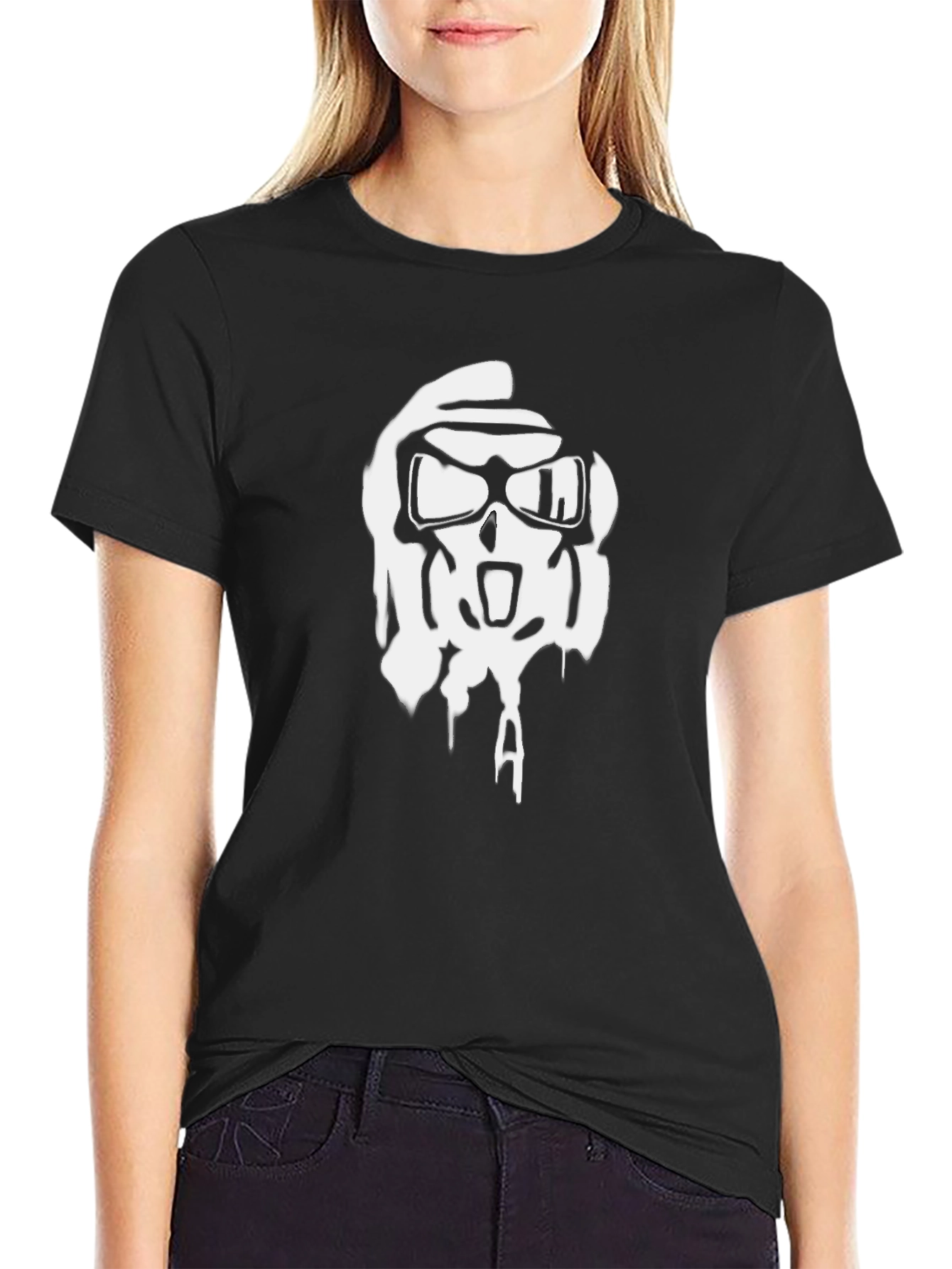 Black T-Shirt with White Graphic Skull Design