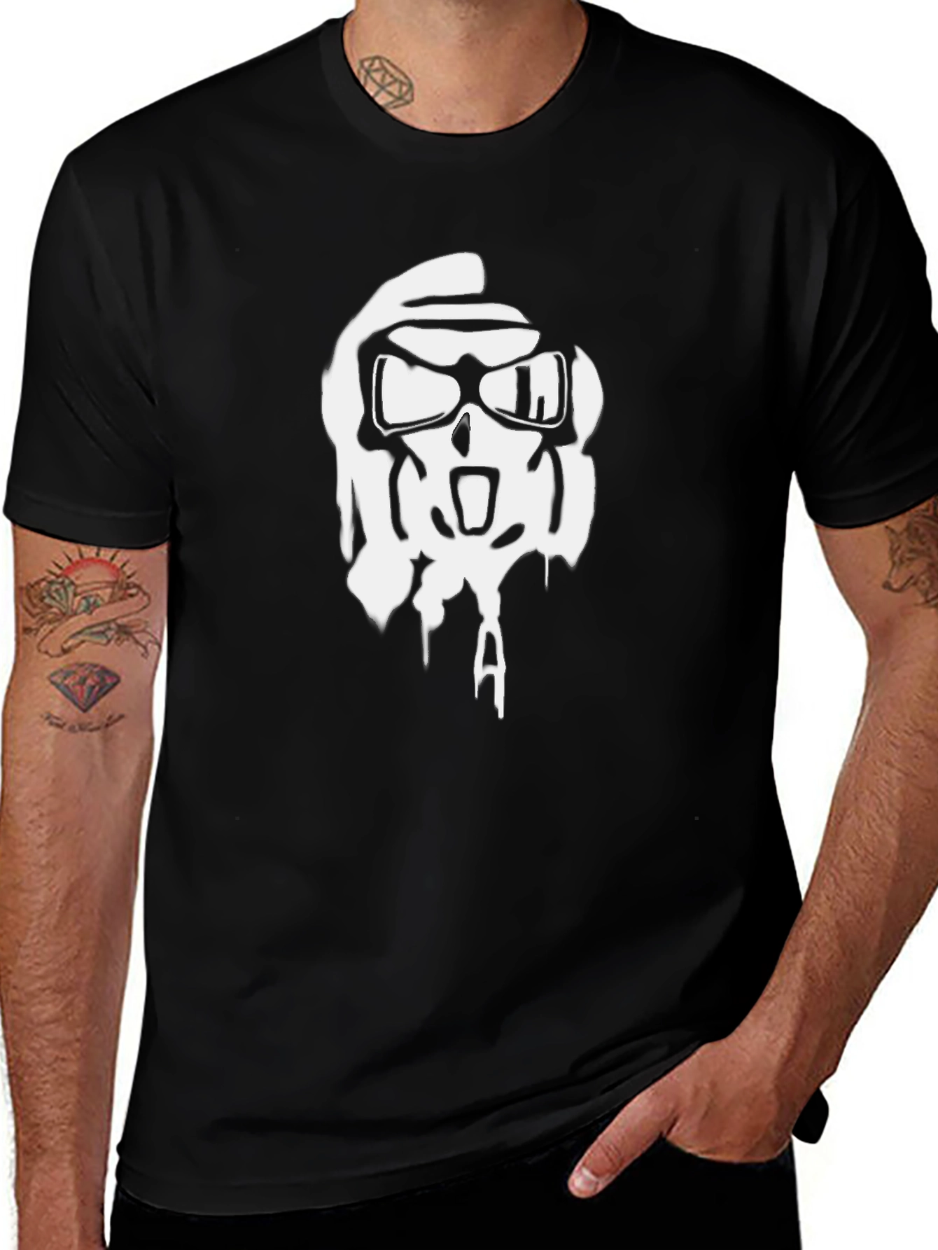 Black T-Shirt with White Graphic Skull Design
