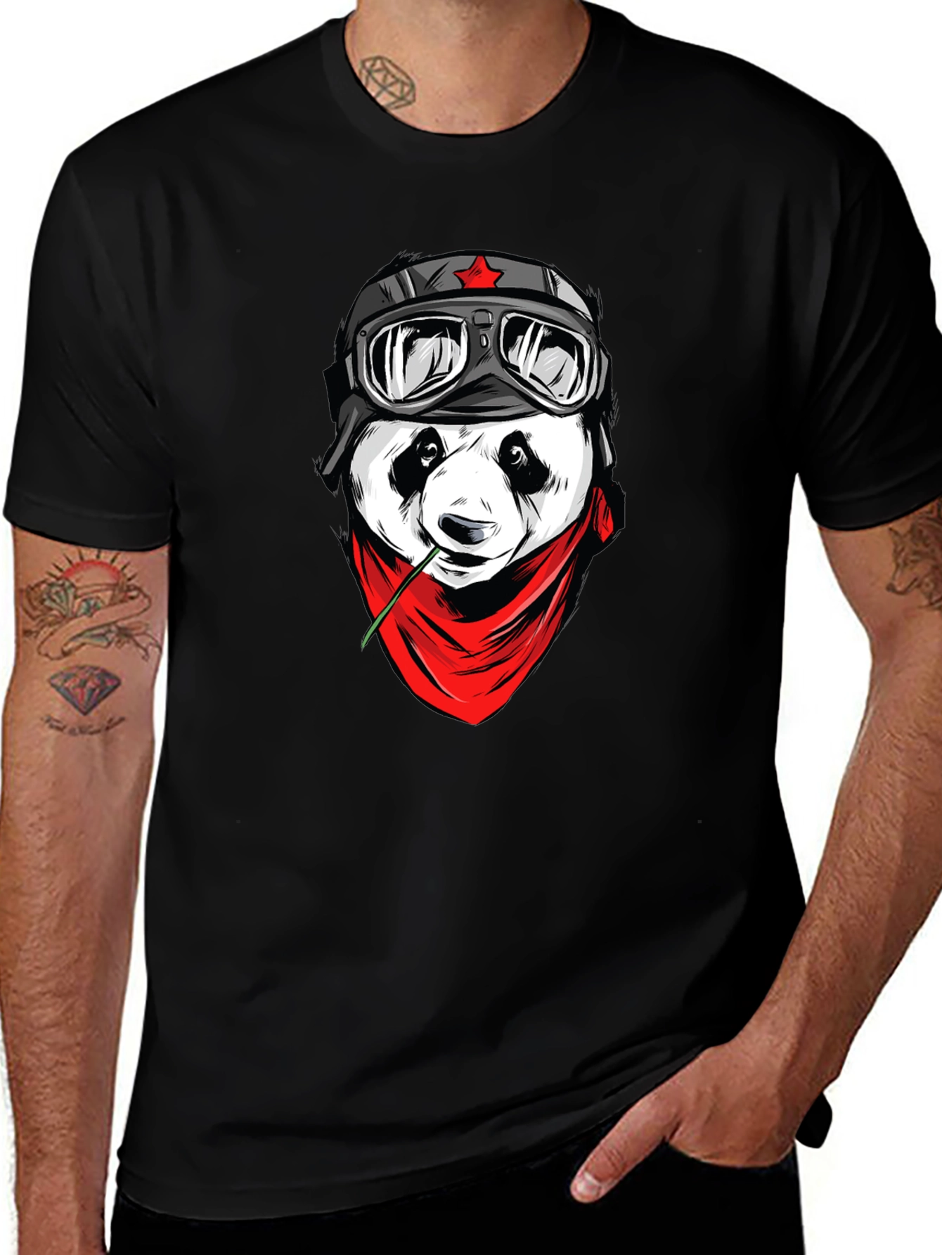 Cool Panda Biker Graphic T-Shirt - Black