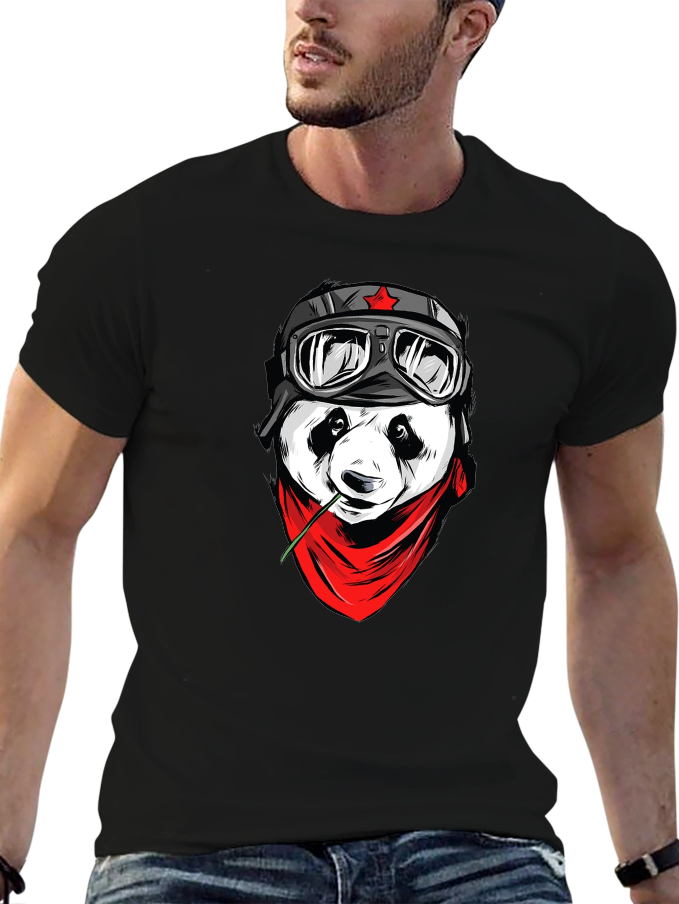 Cool Panda Biker Graphic T-Shirt - Black