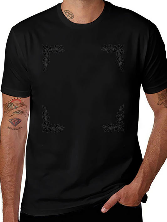 Elegant Black Tee with Subtle Floral Corner Design