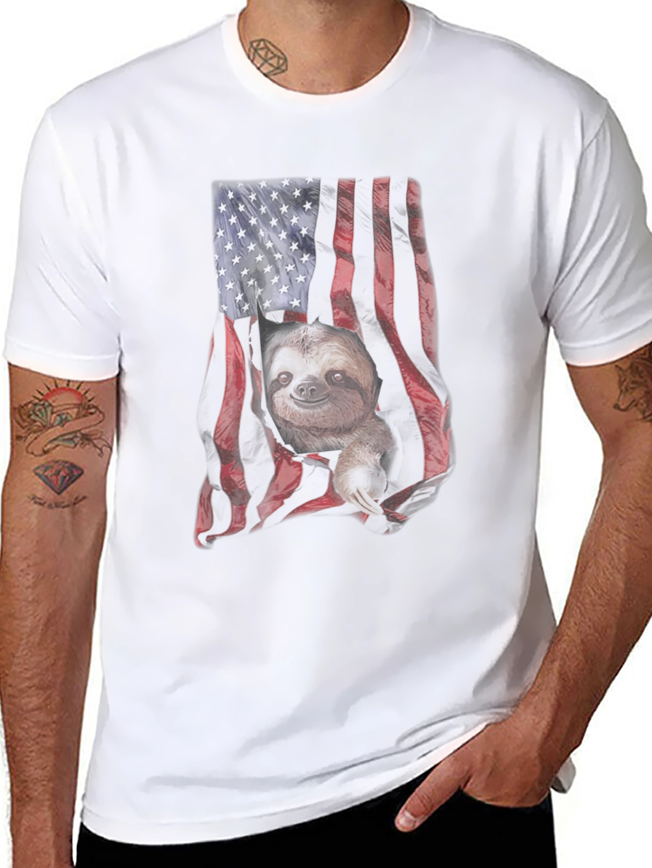 Sloth American Flag Graphic T-Shirt
