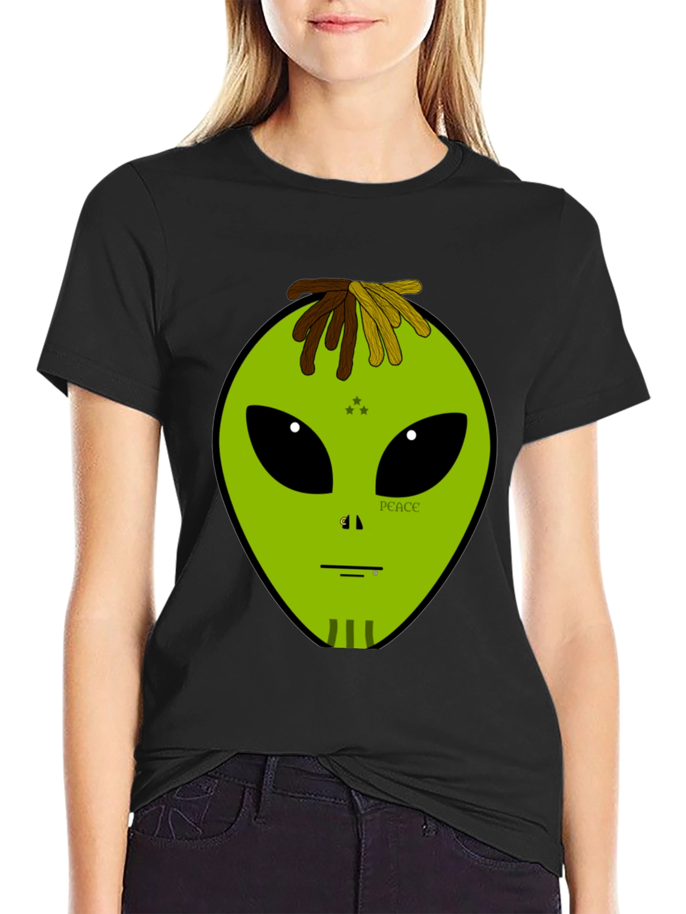 Alien Head Peace Sign Graphic Black T-Shirt