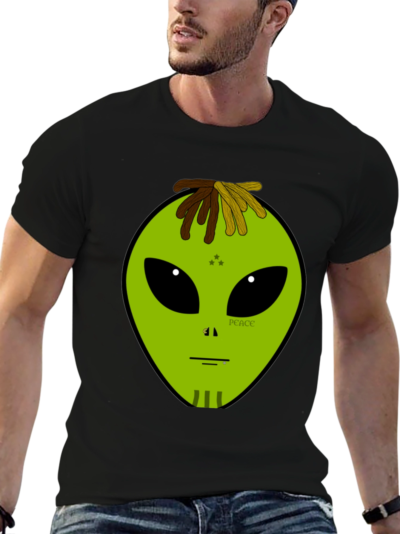 Alien Head Peace Sign Graphic Black T-Shirt