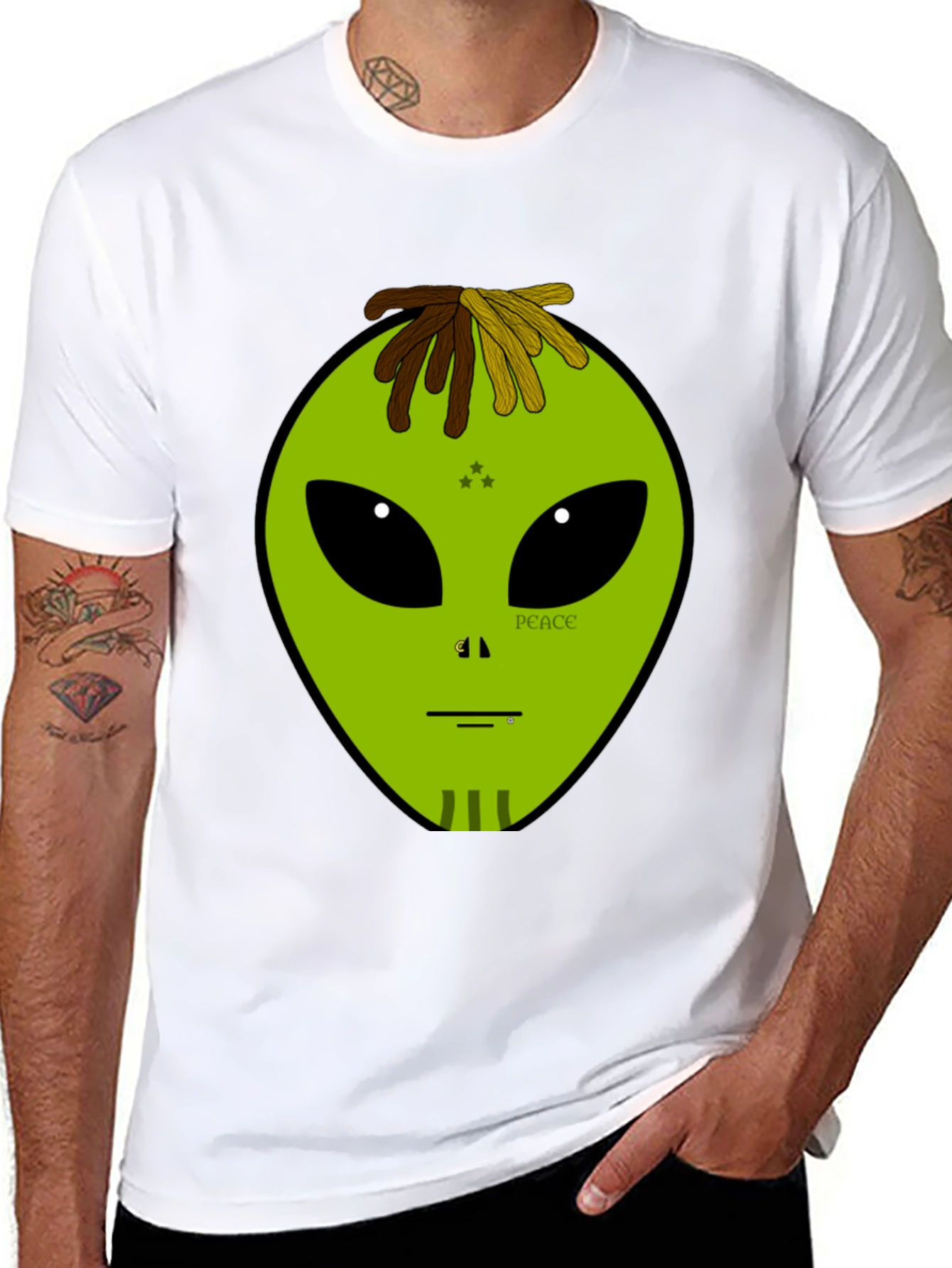 Alien Head Peace Sign Graphic Black T-Shirt