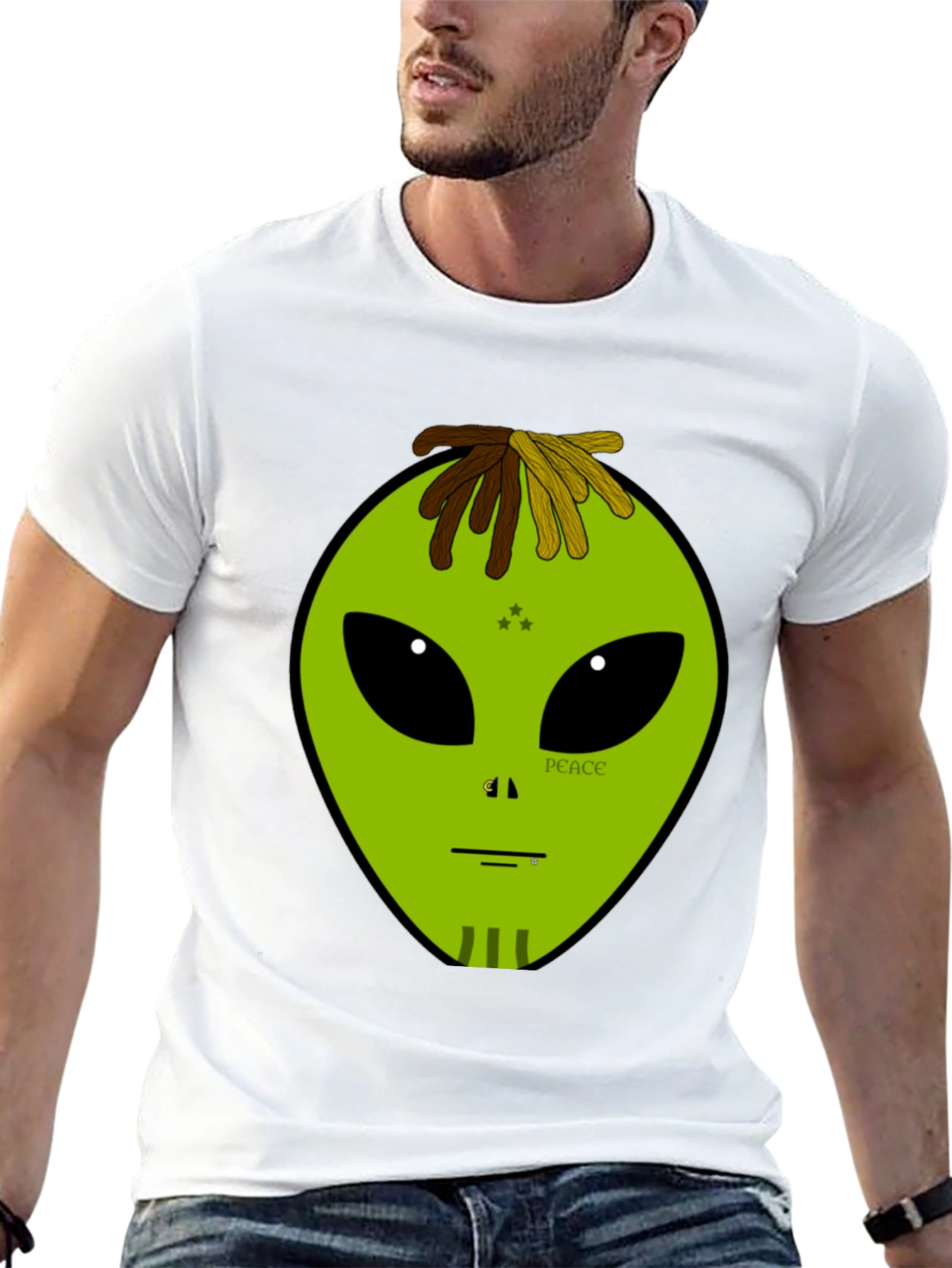 Alien Head Peace Sign Graphic Black T-Shirt
