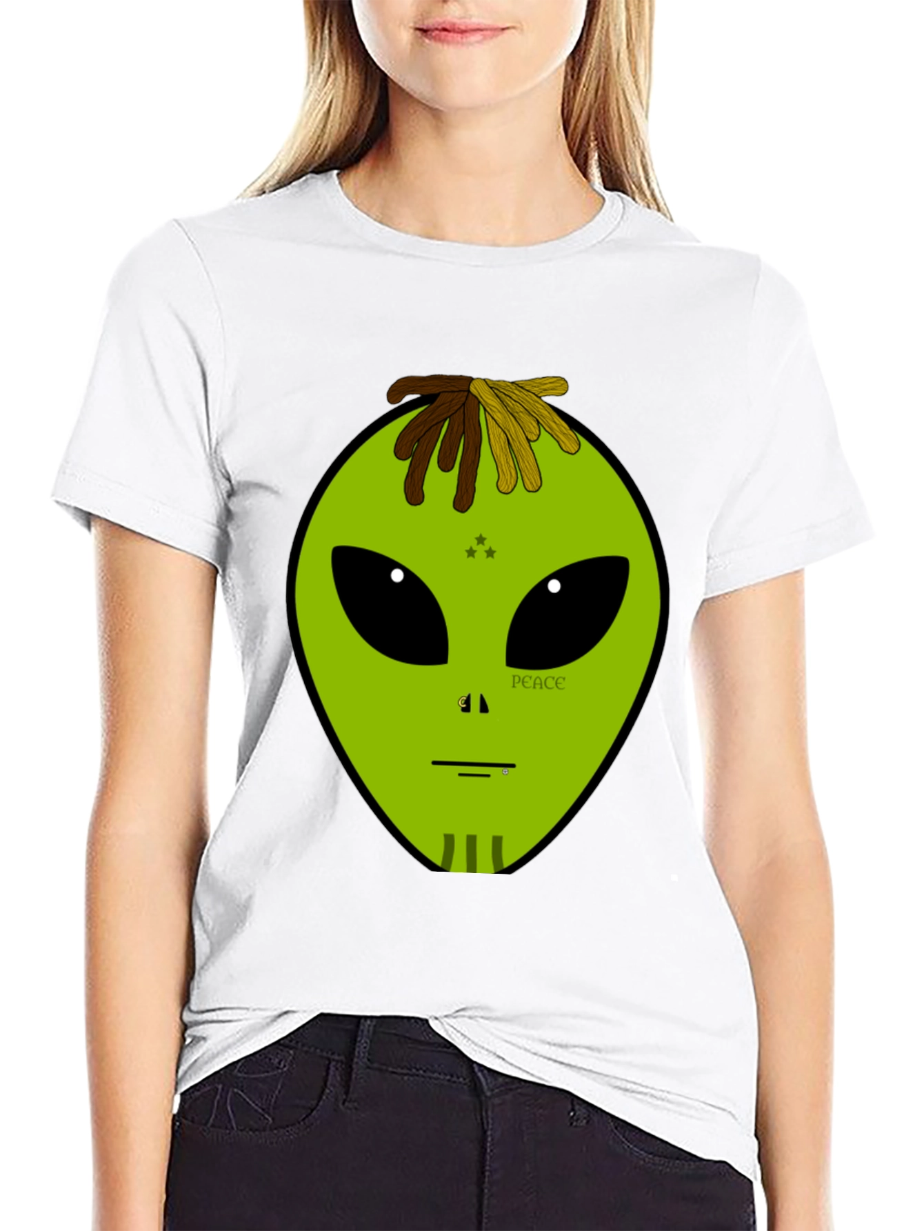 Alien Head Peace Sign Graphic Black T-Shirt